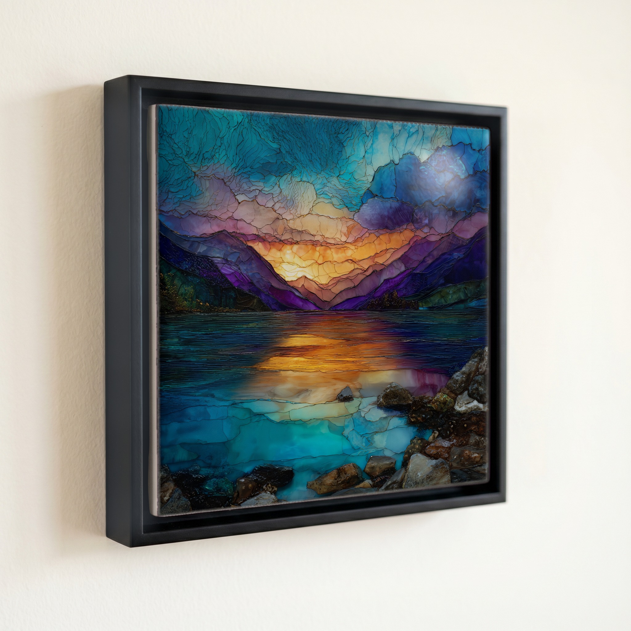 shown in a slim black floating frame · 6 × 6 in