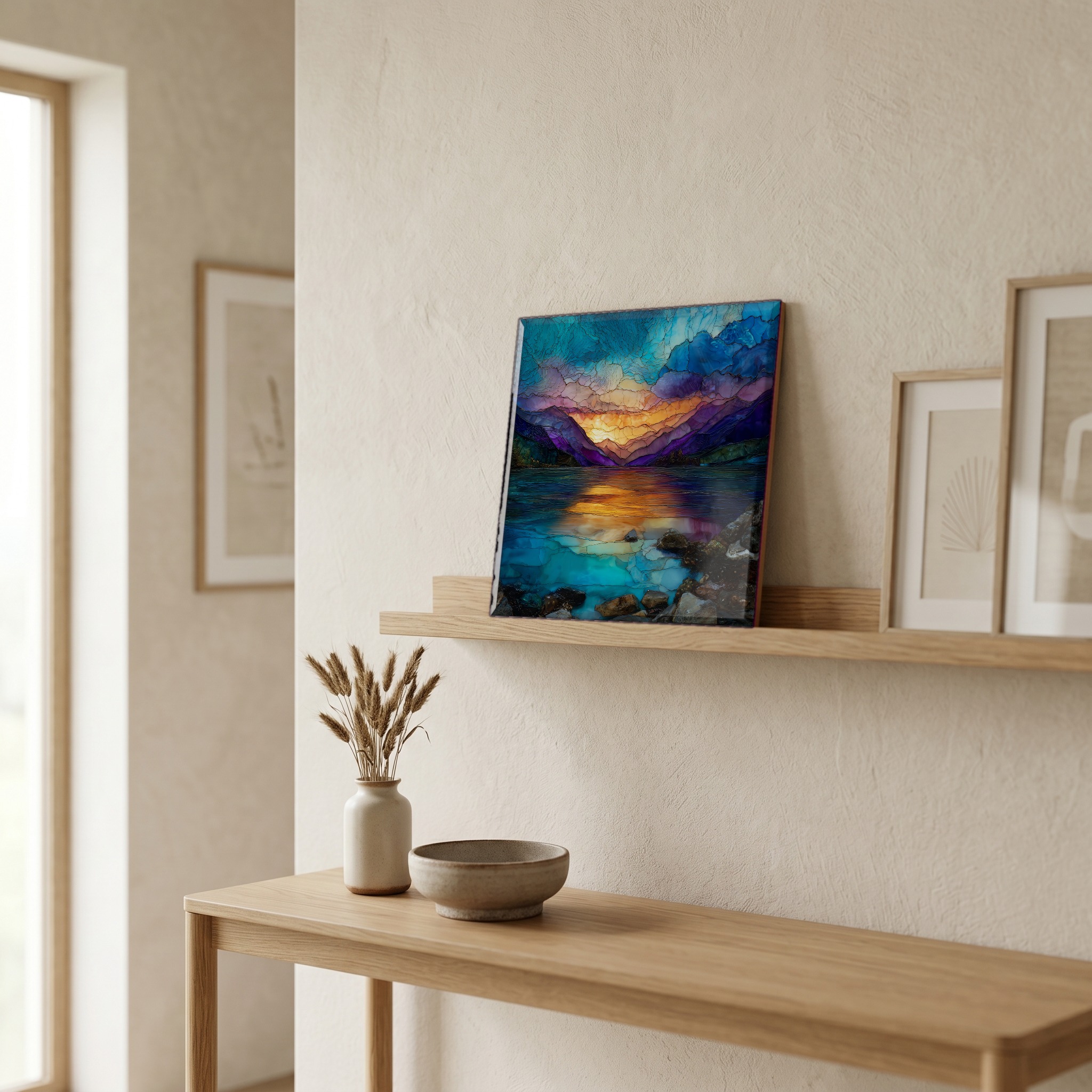 On a picture ledge, where the light comes in.