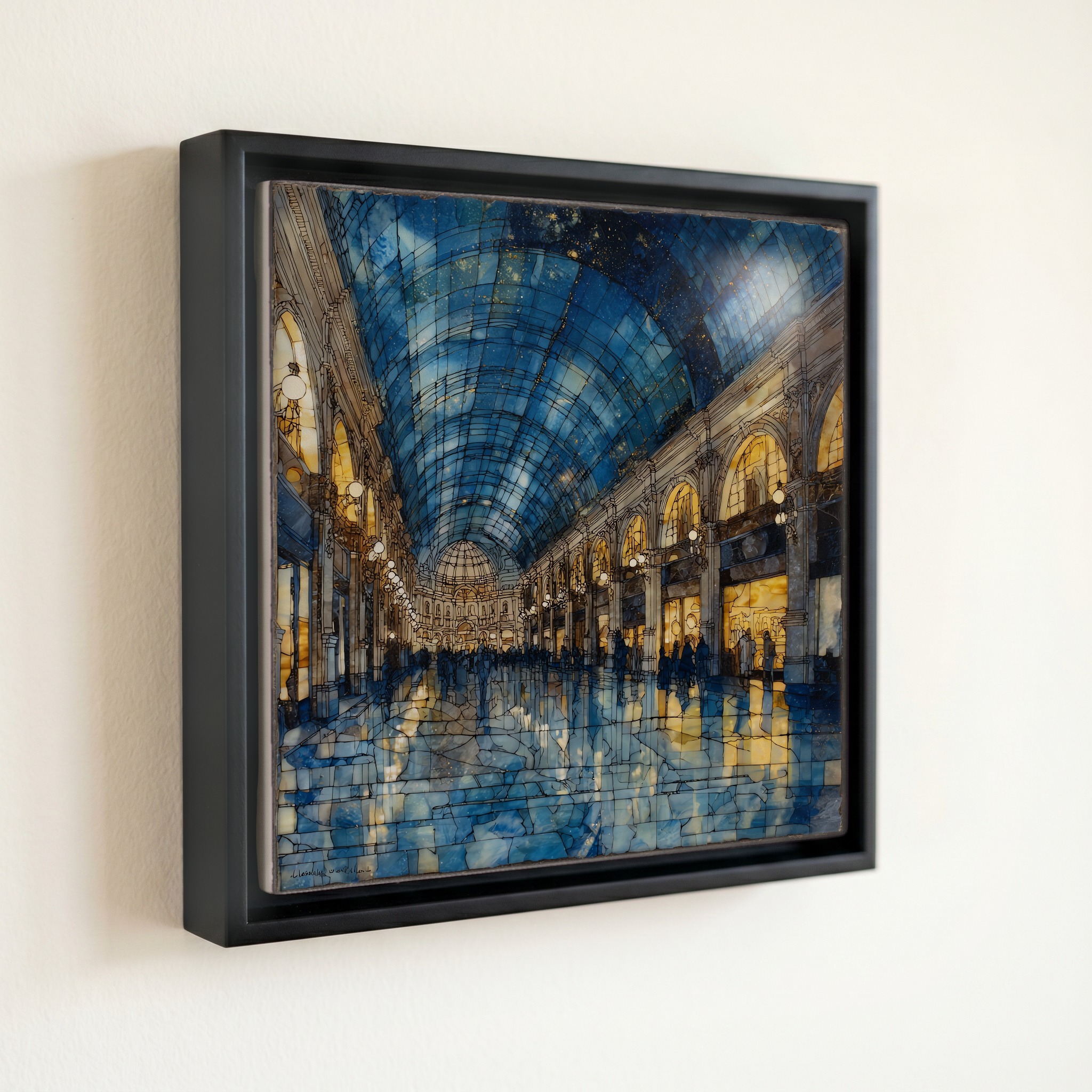 shown in a slim black floating frame · 6 × 6 in