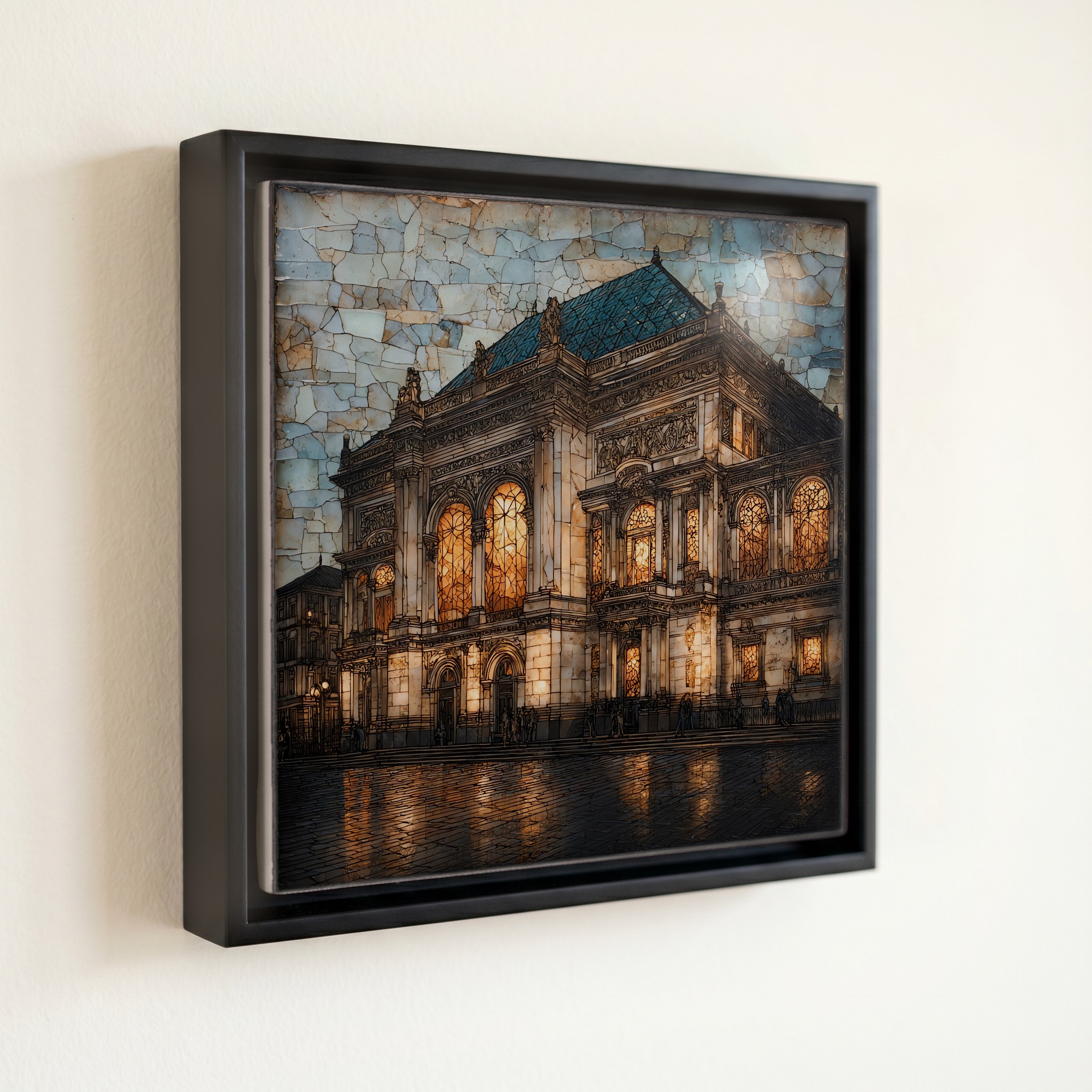 shown in a slim black floating frame · 6 × 6 in