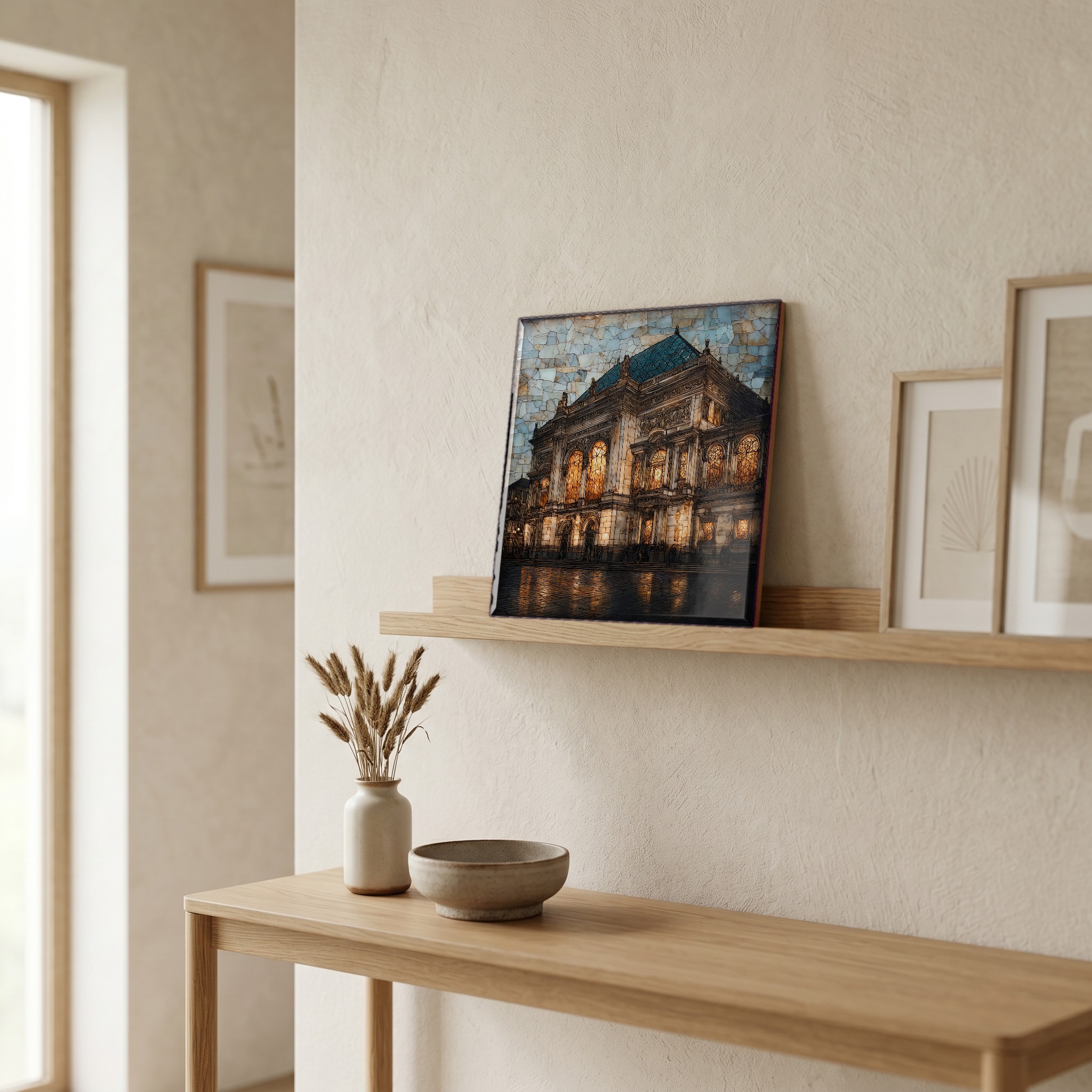On a picture ledge, where the light comes in.