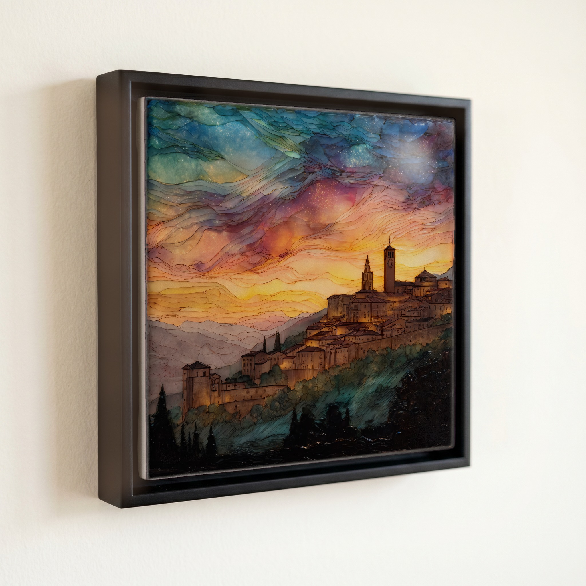 shown in a slim black floating frame · 6 × 6 in