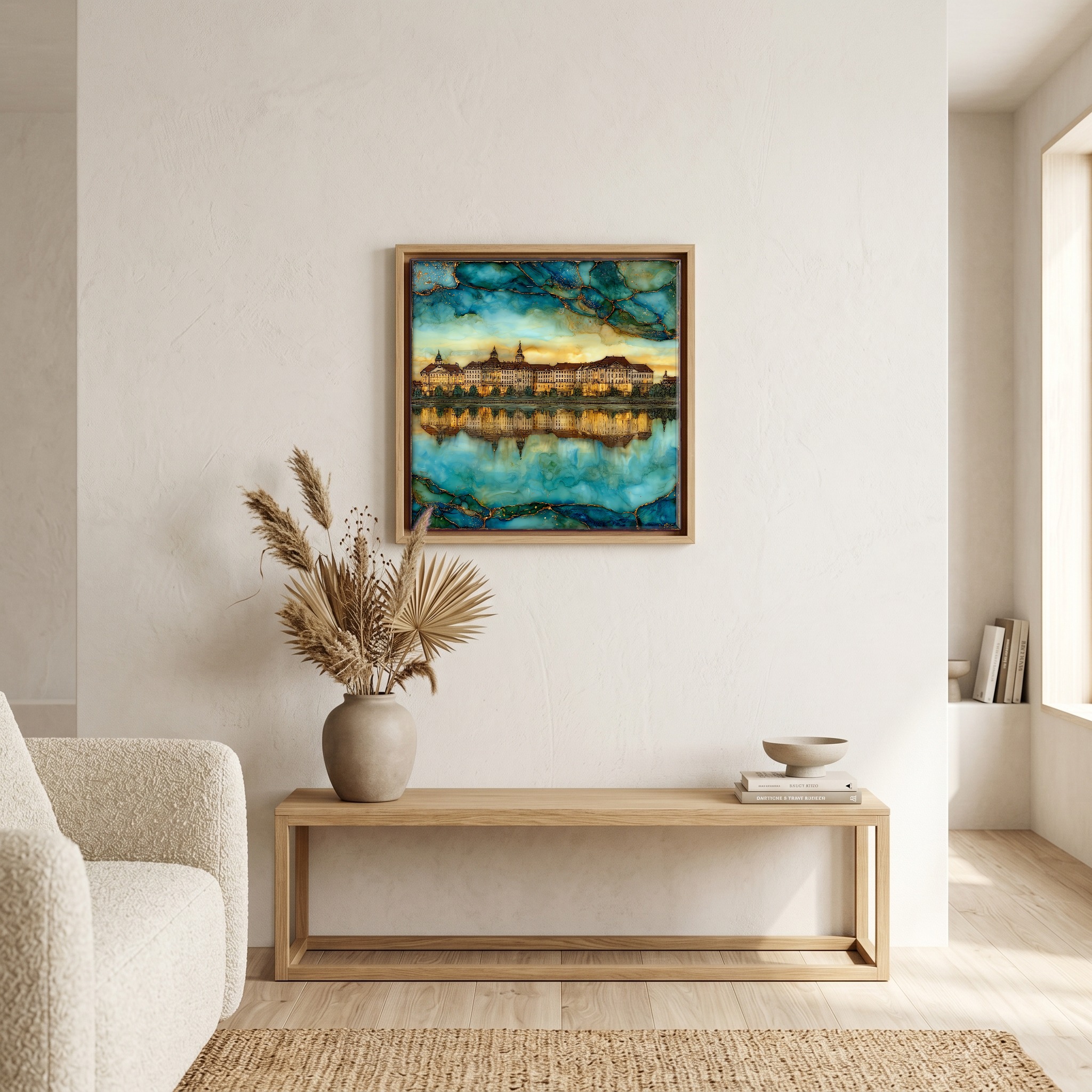 Above the bench, in a warm oak surround.