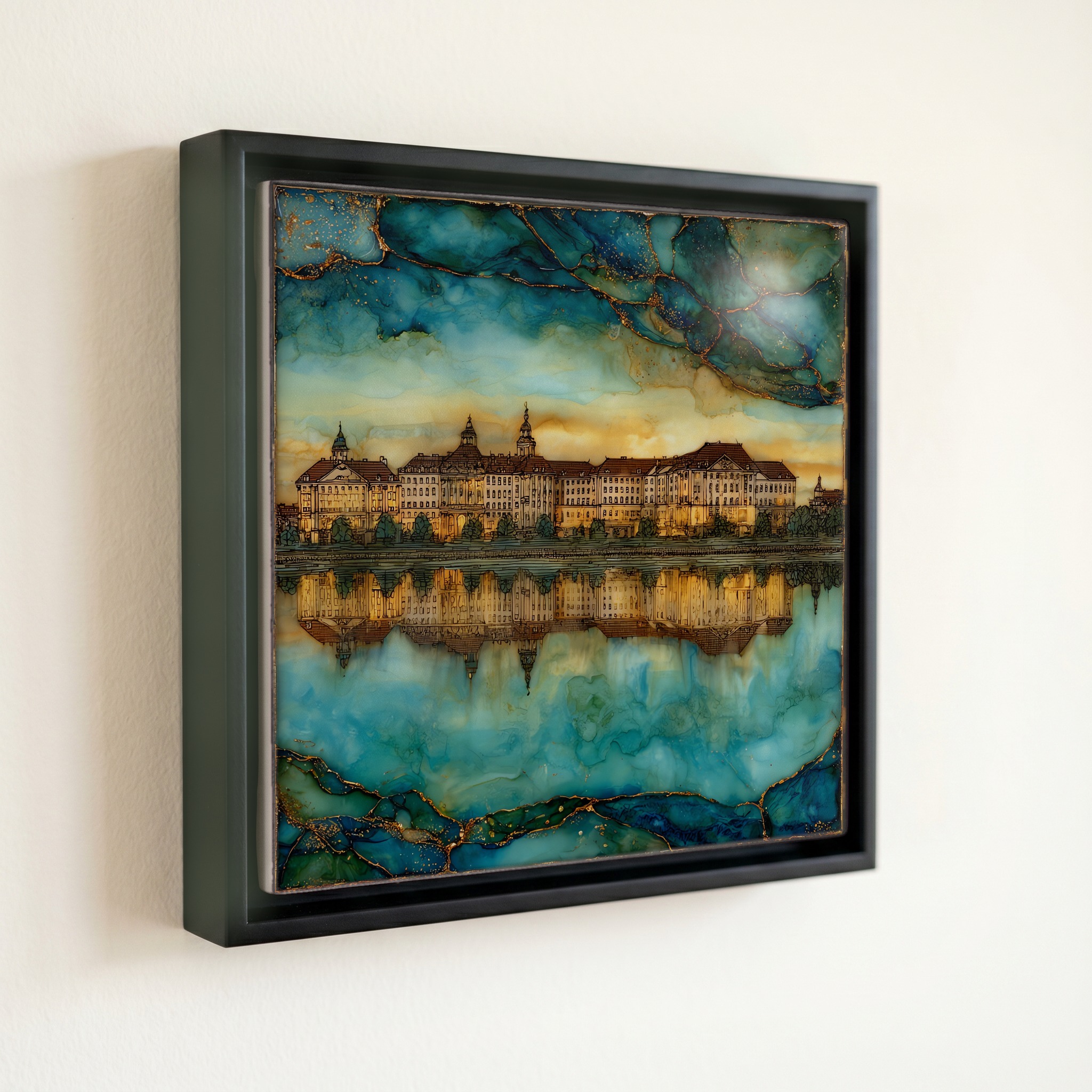shown in a slim black floating frame · 6 × 6 in