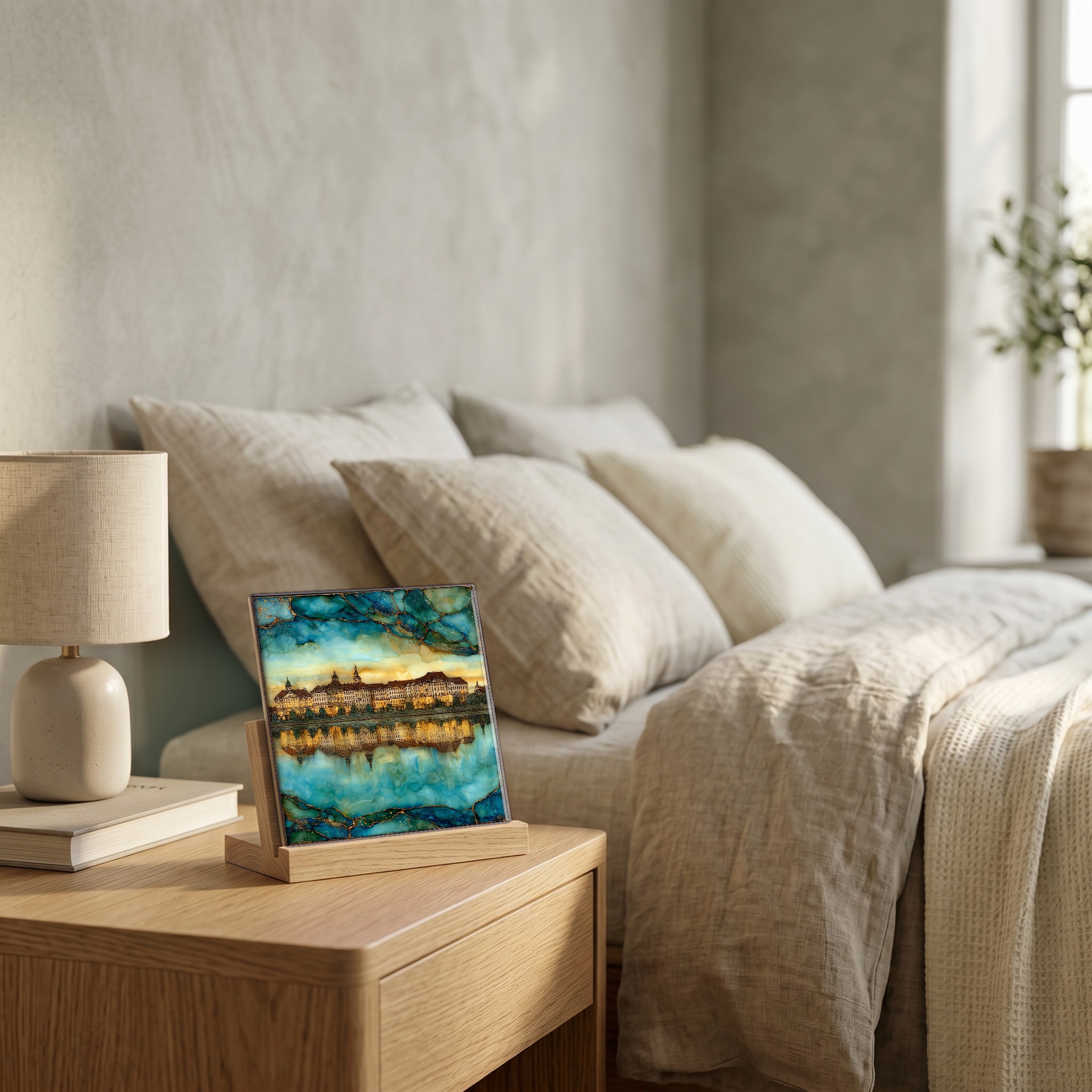 On the nightstand, on a light oak stand.
