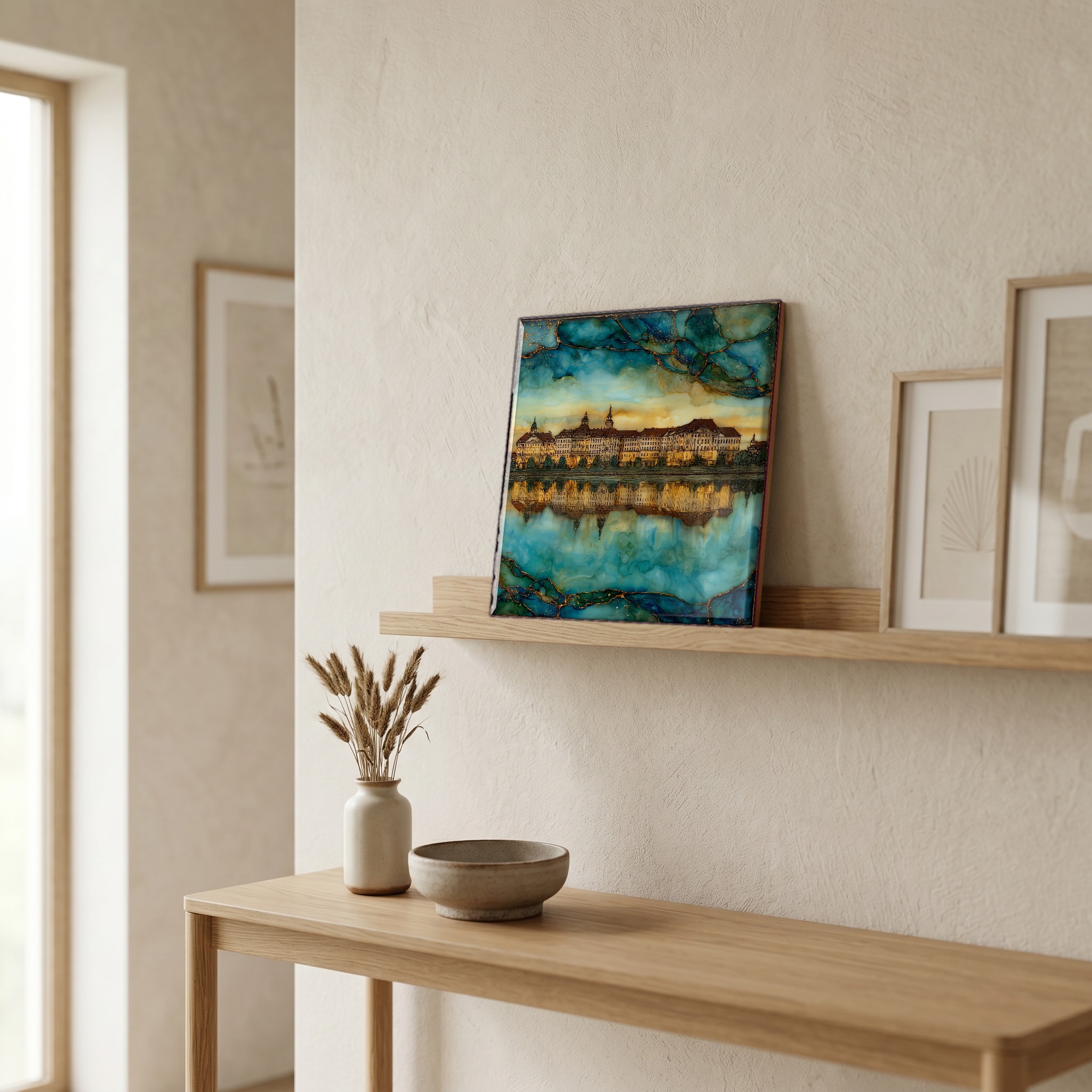 On a picture ledge, where the light comes in.
