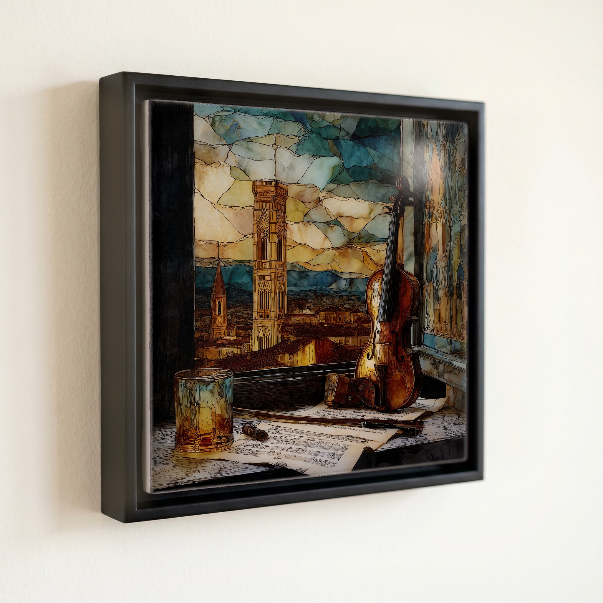 shown in a slim black floating frame · 6 × 6 in