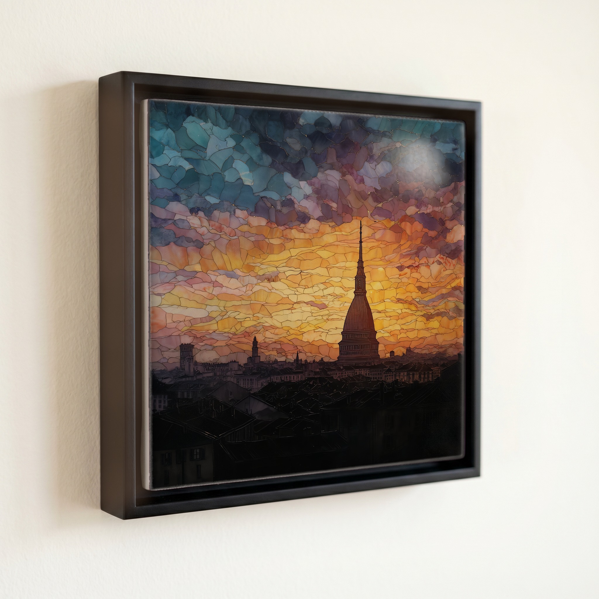 shown in a slim black floating frame · 6 × 6 in