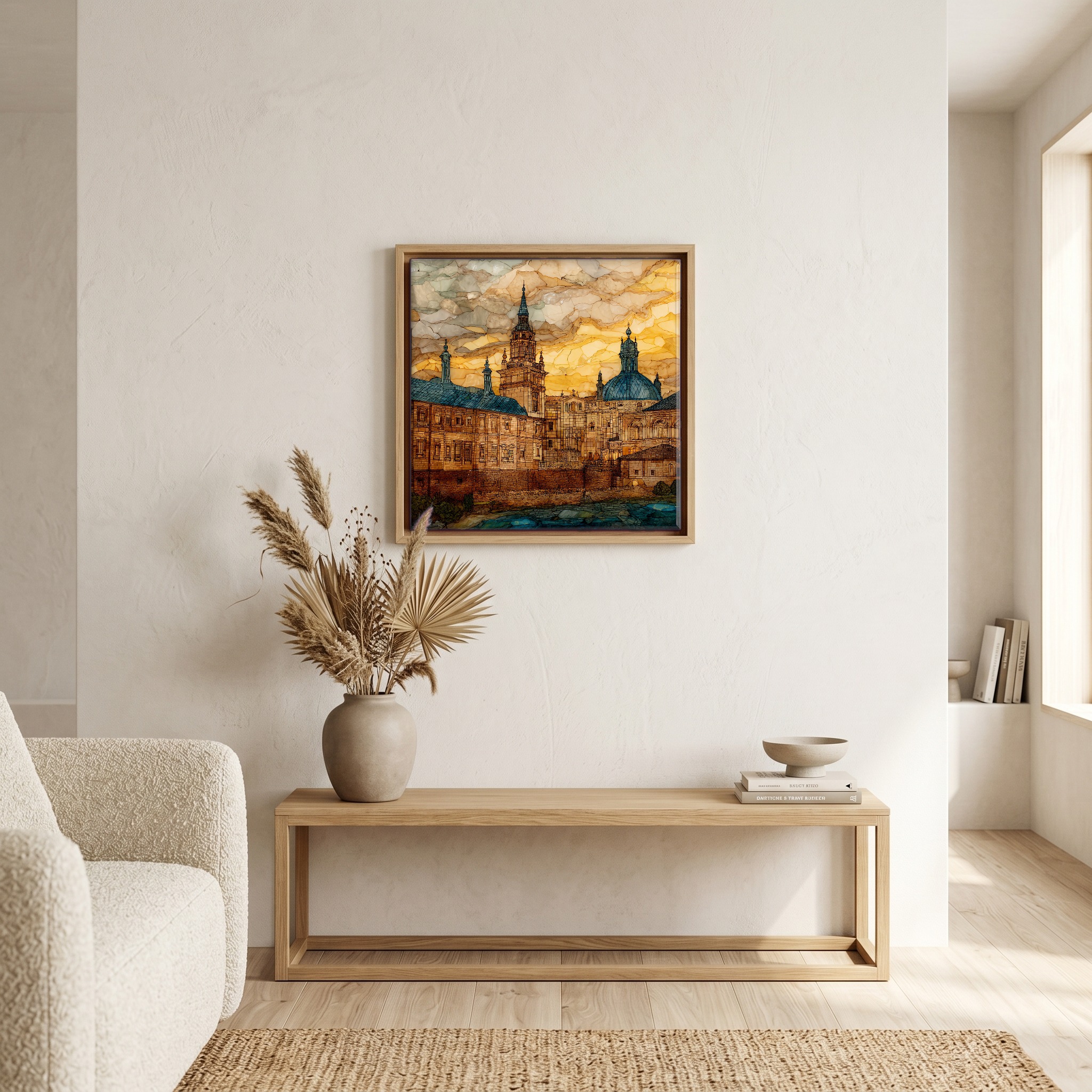 Above the bench, in a warm oak surround.