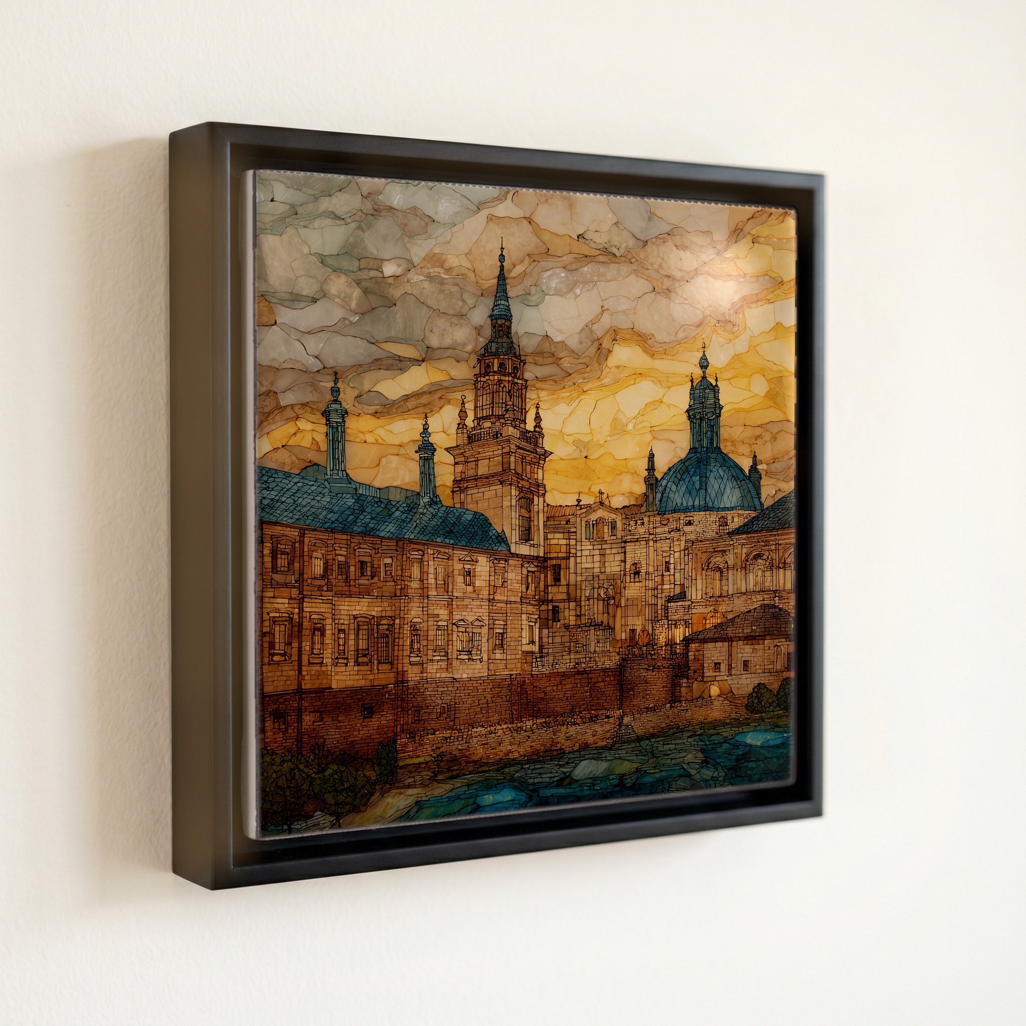 shown in a slim black floating frame · 6 × 6 in