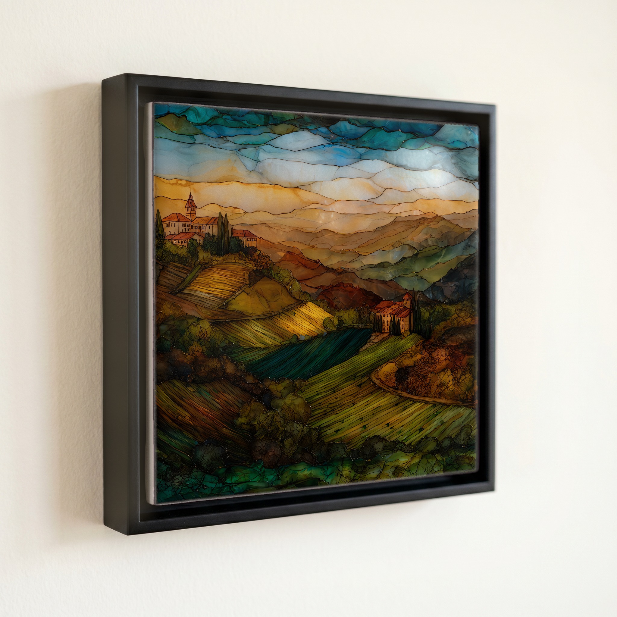 shown in a slim black floating frame · 6 × 6 in