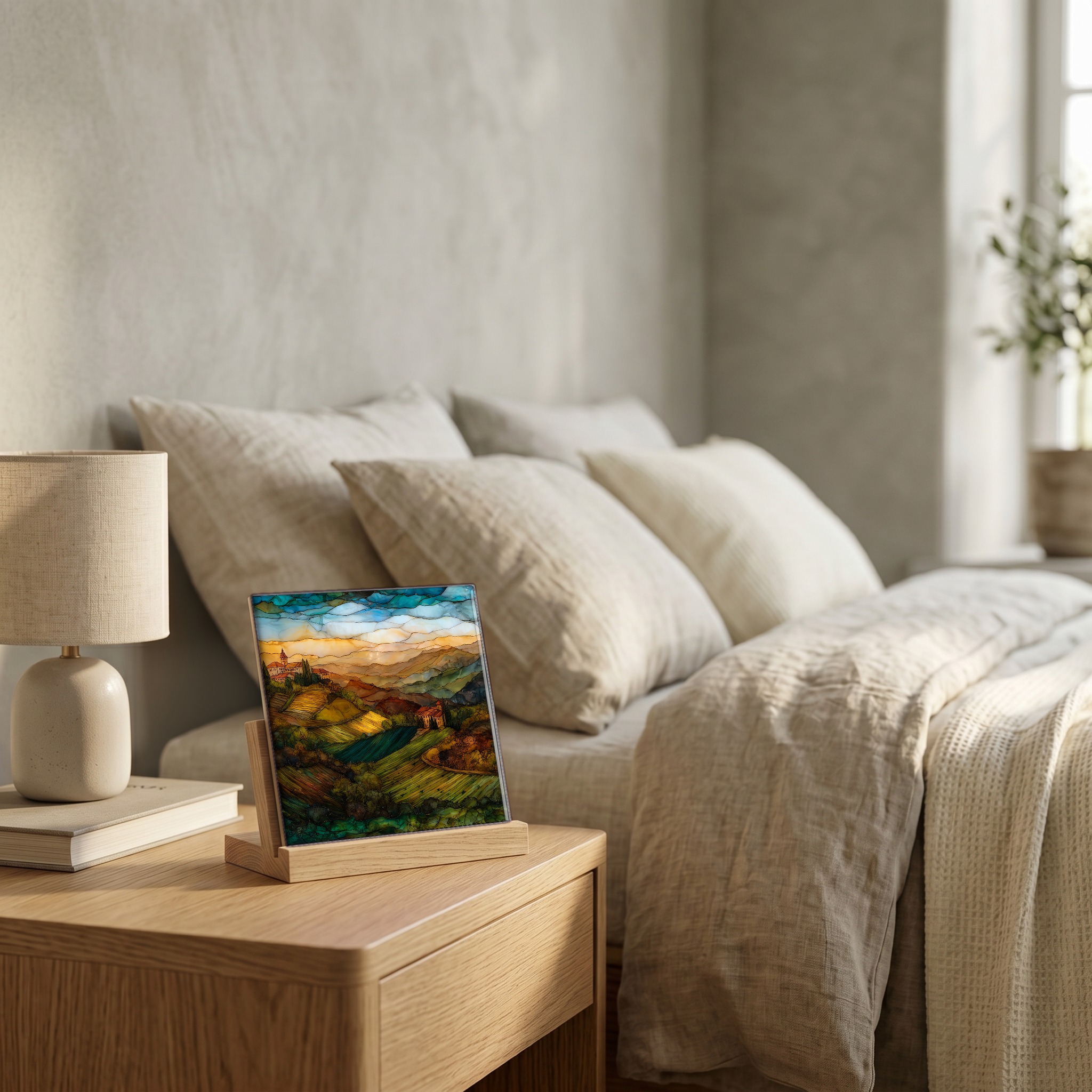 On the nightstand, on a light oak stand.