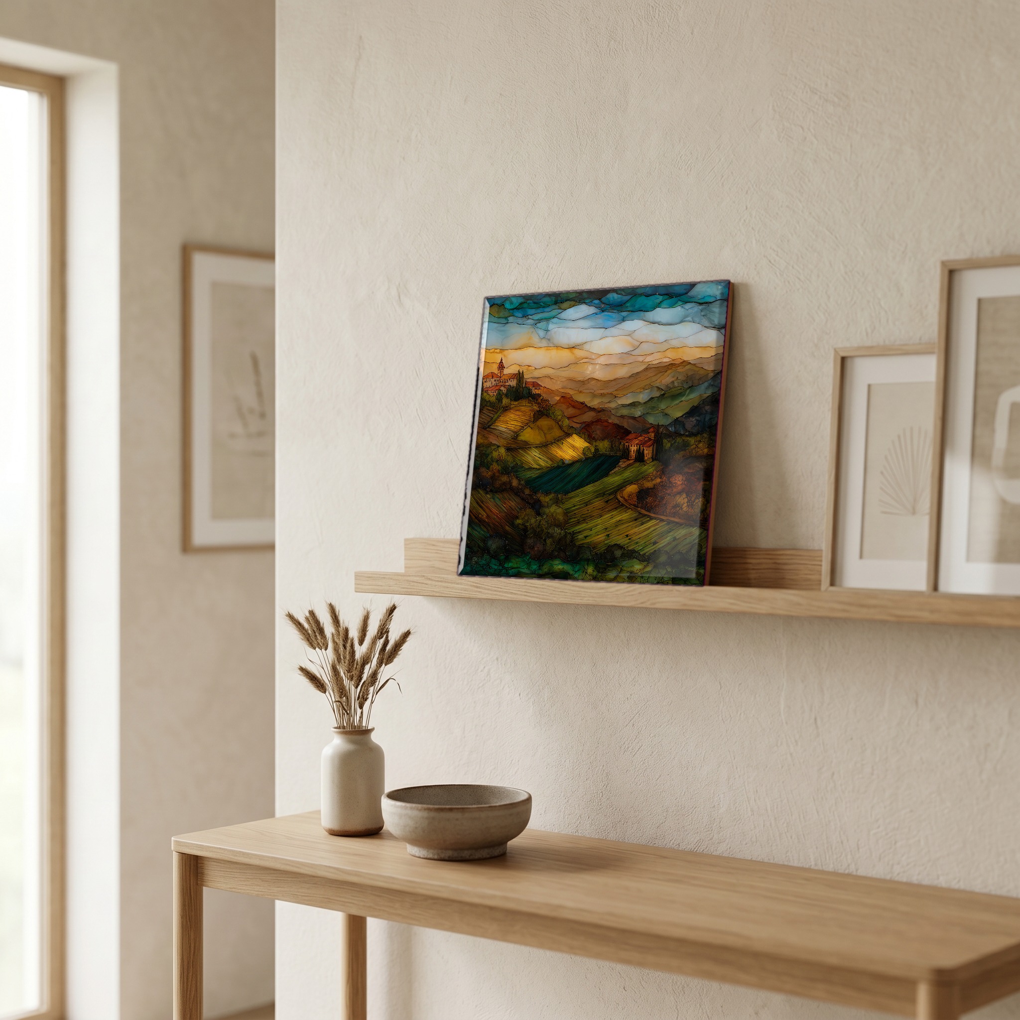 On a picture ledge, where the light comes in.