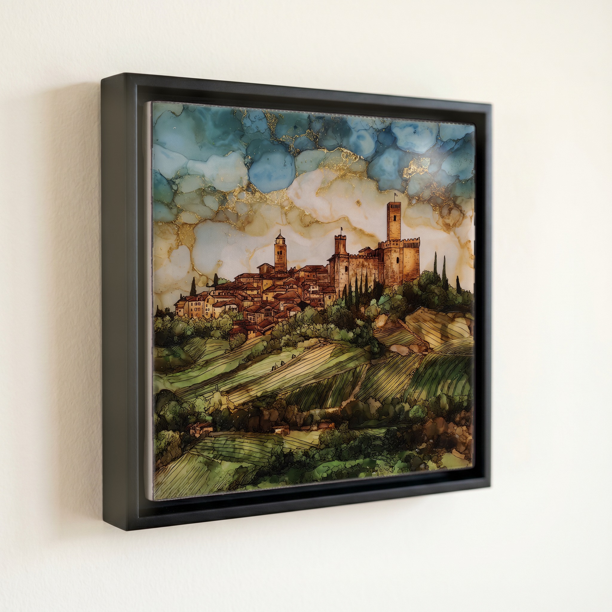 shown in a slim black floating frame · 6 × 6 in