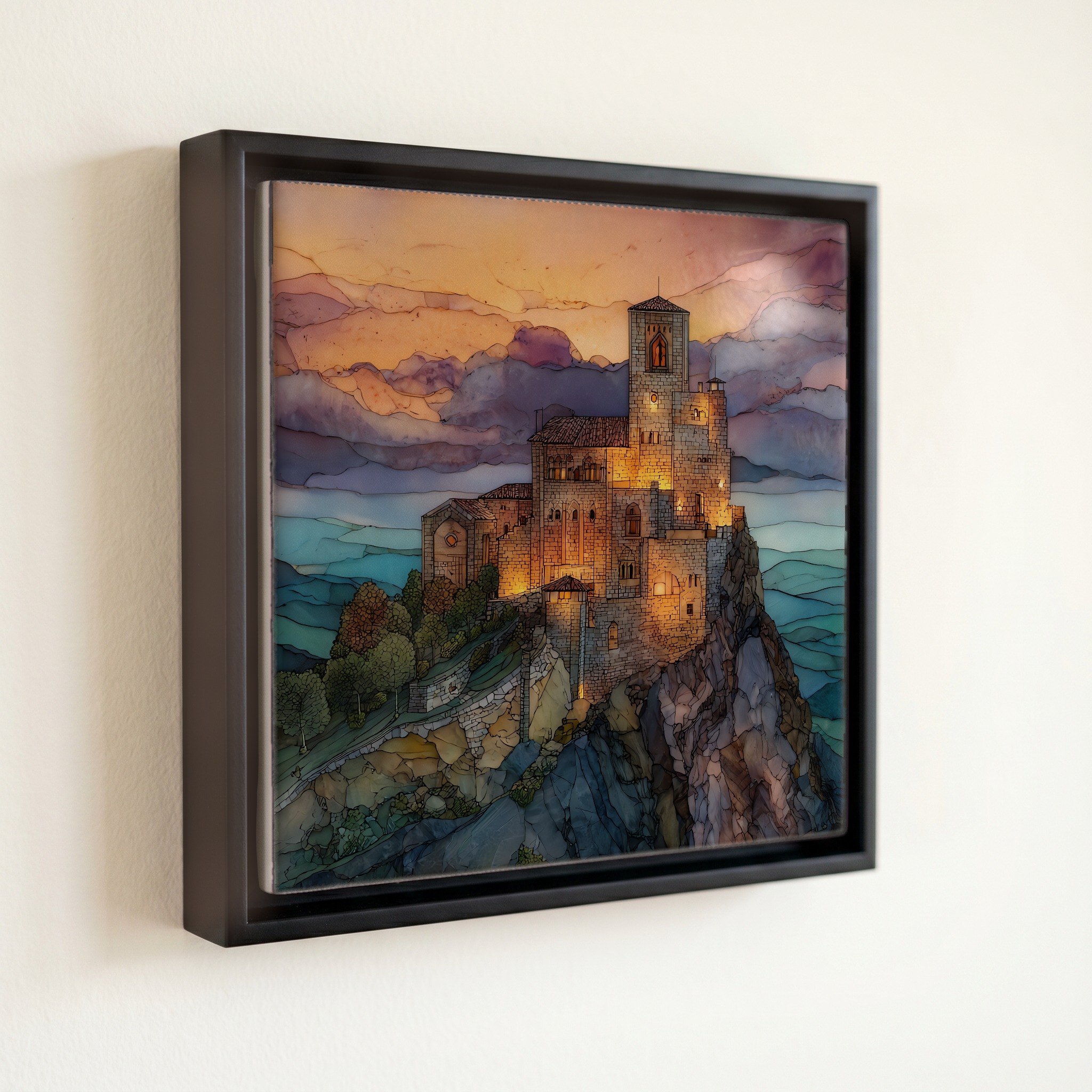 shown in a slim black floating frame · 6 × 6 in