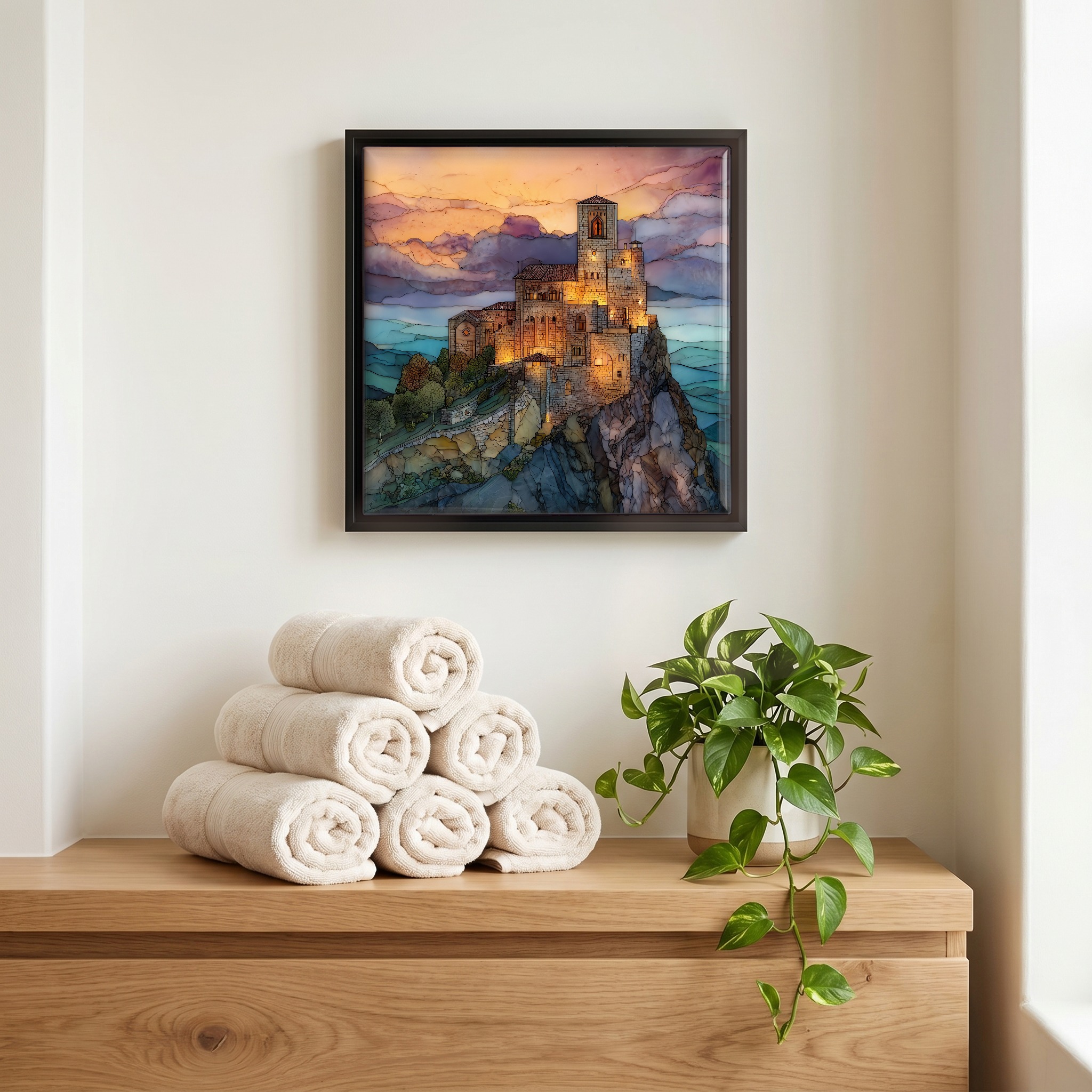 Above the linens, in a slim black surround.