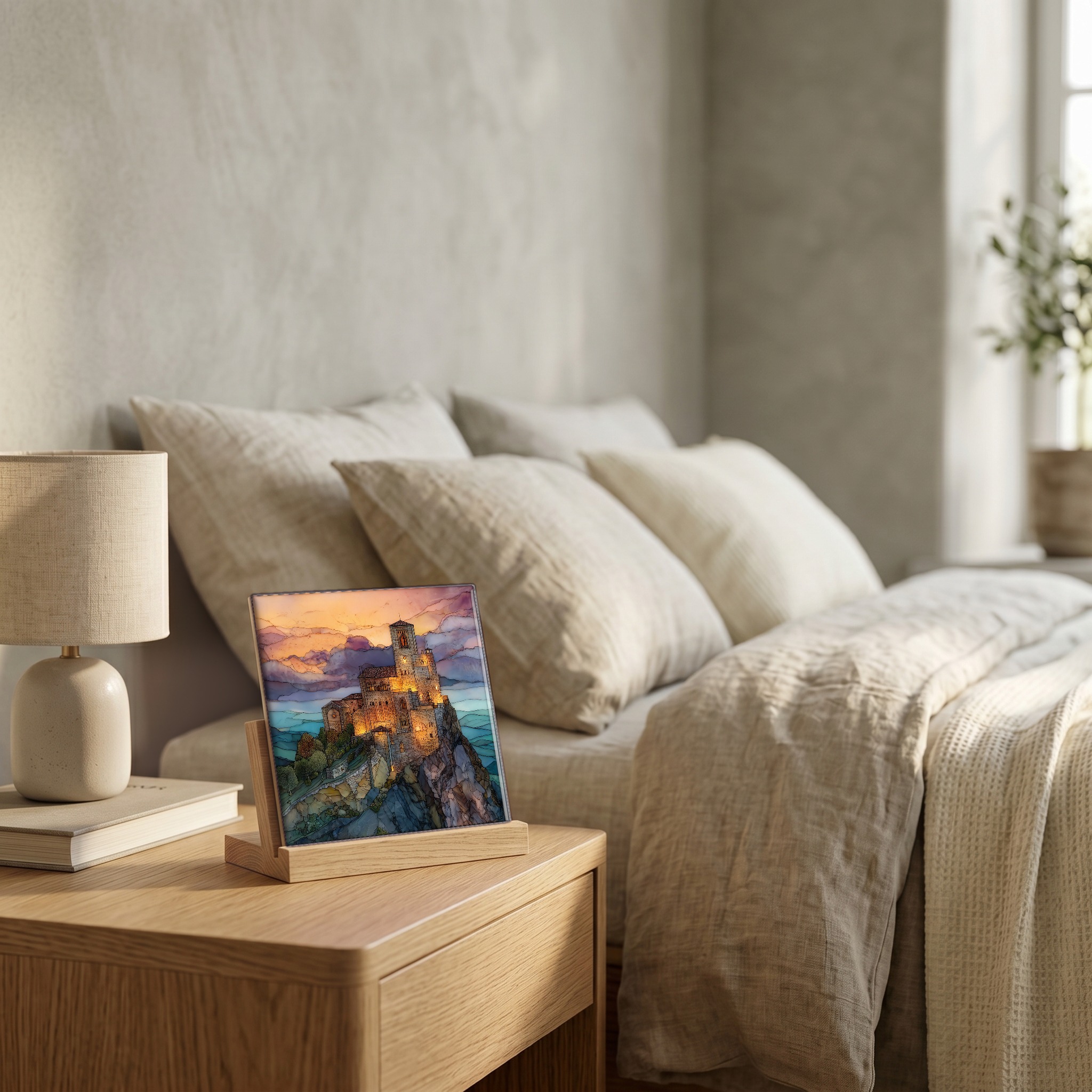 On the nightstand, on a light oak stand.