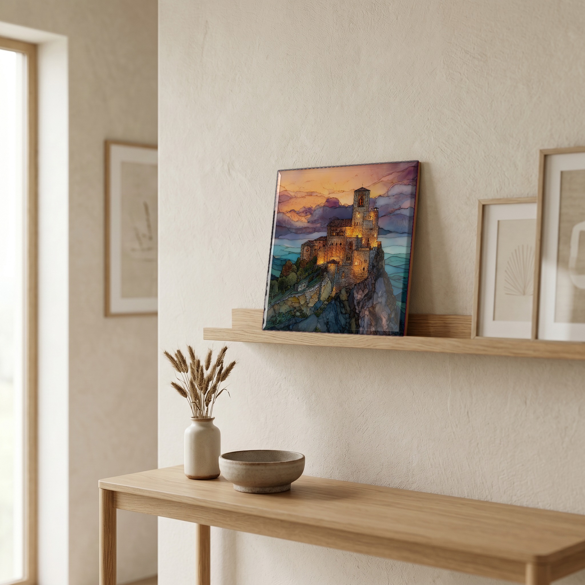 On a picture ledge, where the light comes in.