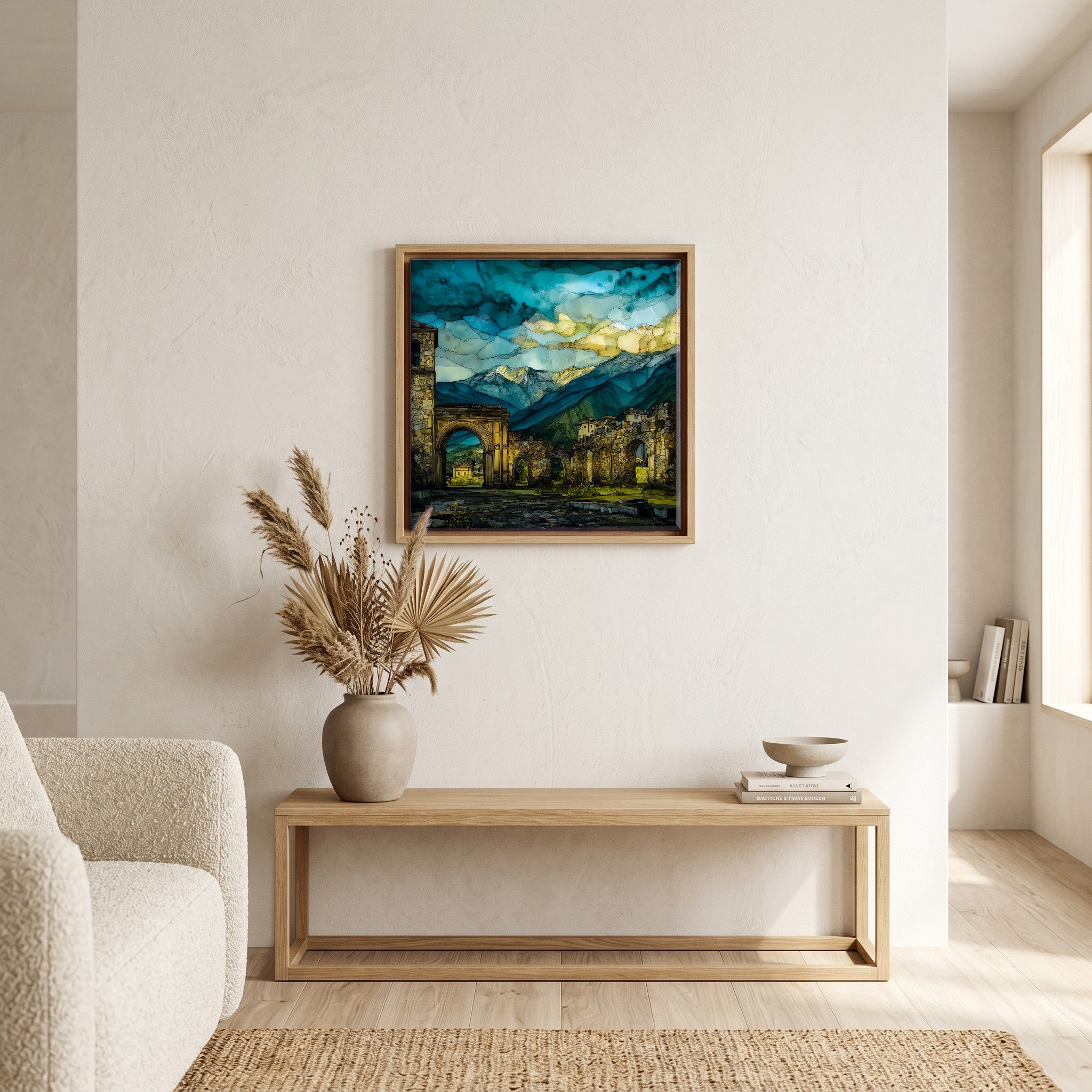 Above the bench, in a warm oak surround.