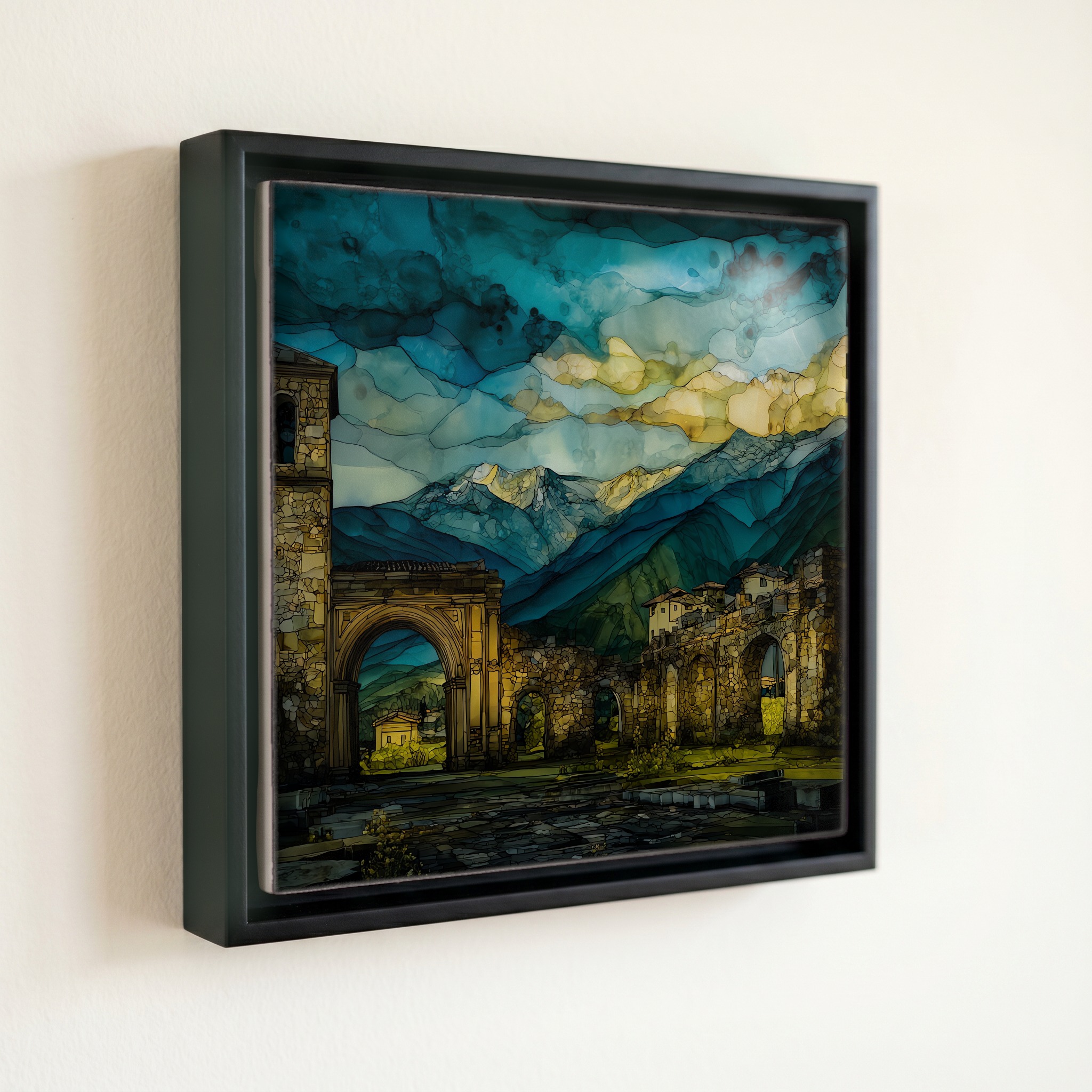 shown in a slim black floating frame · 6 × 6 in