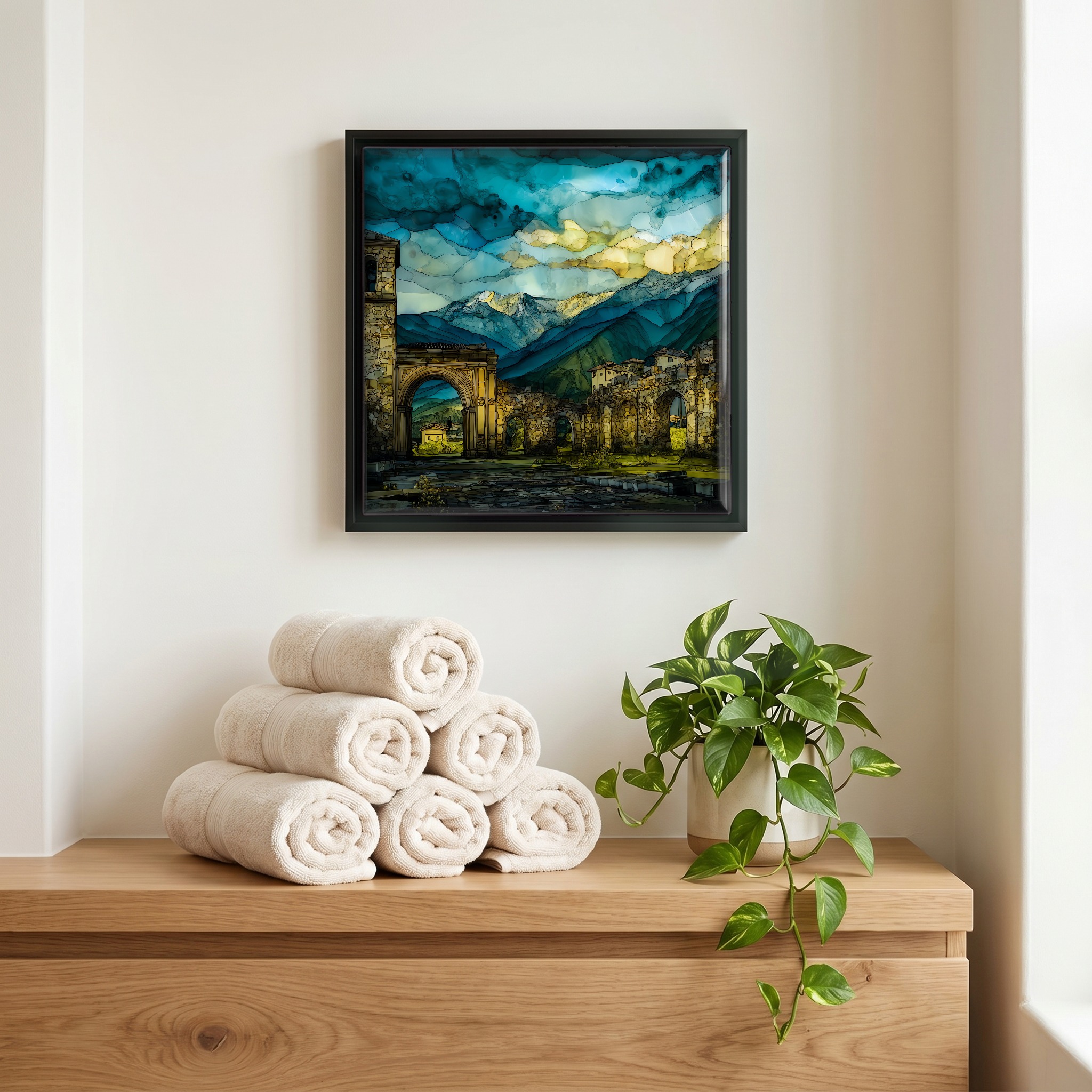 Above the linens, in a slim black surround.