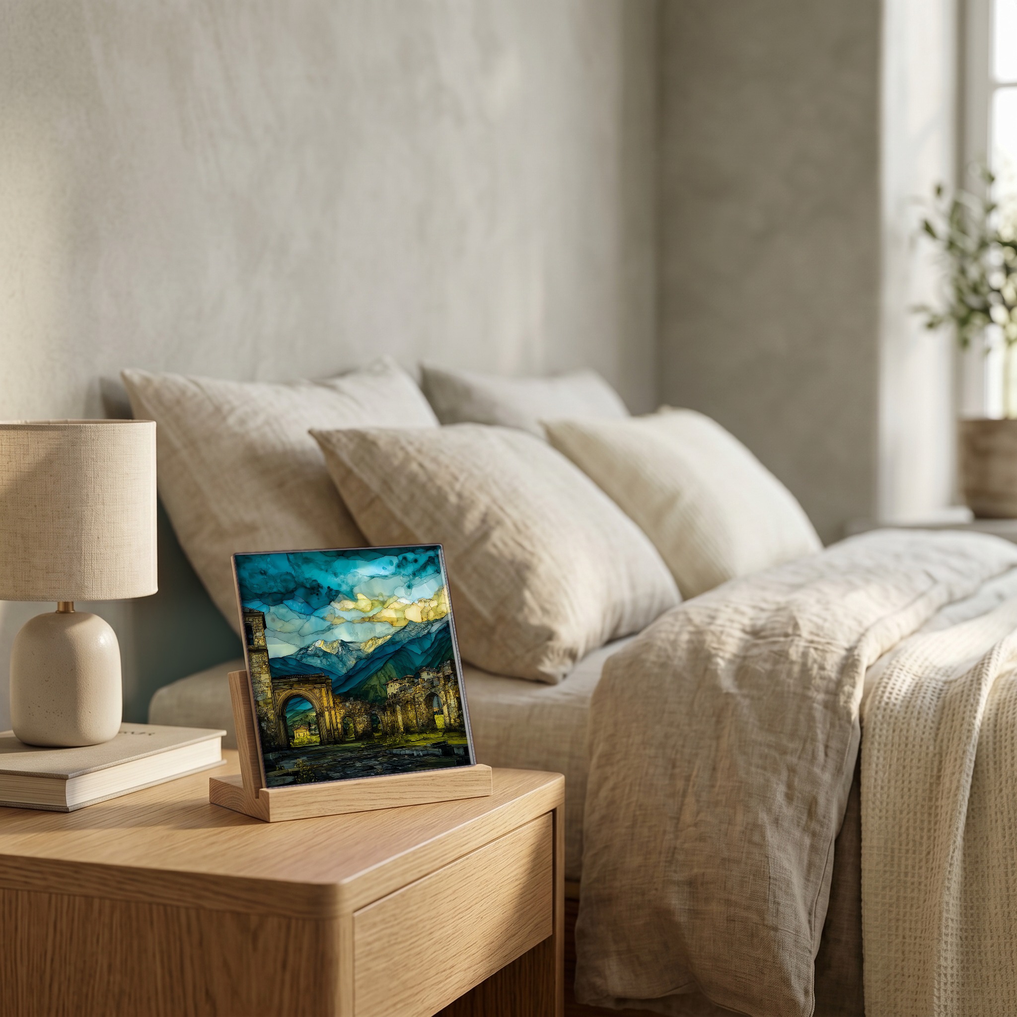 On the nightstand, on a light oak stand.