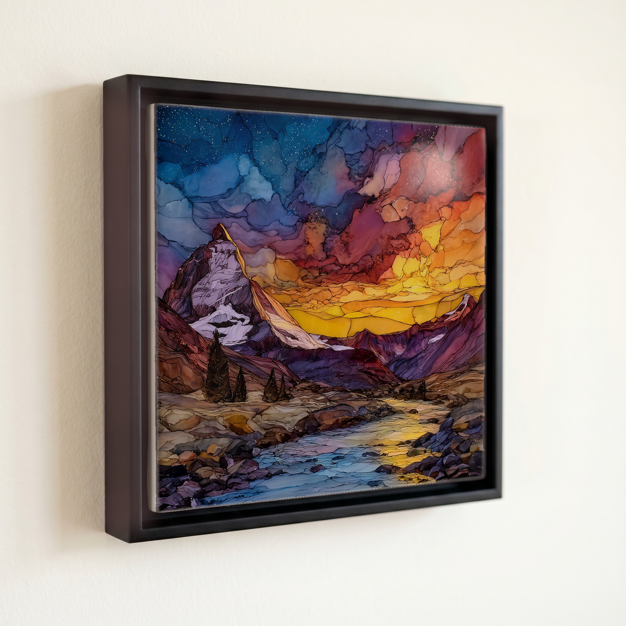 shown in a slim black floating frame · 6 × 6 in