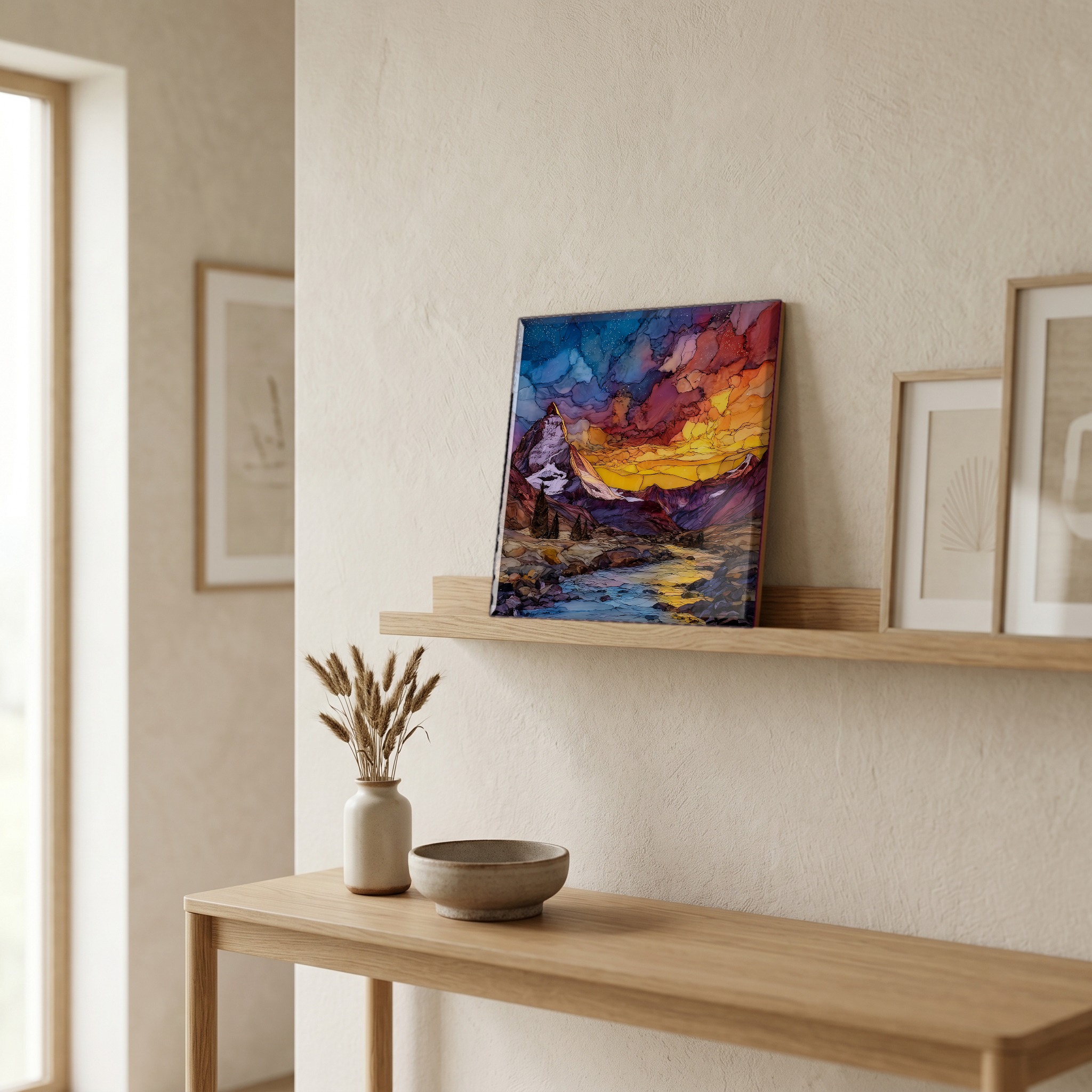 On a picture ledge, where the light comes in.