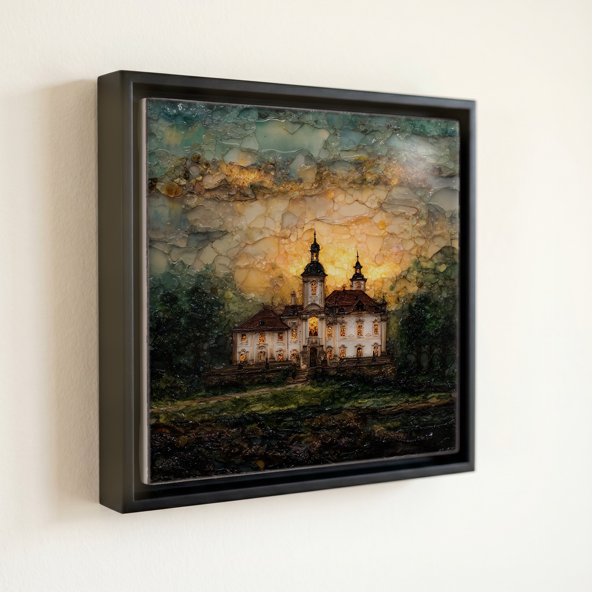 shown in a slim black floating frame · 6 × 6 in