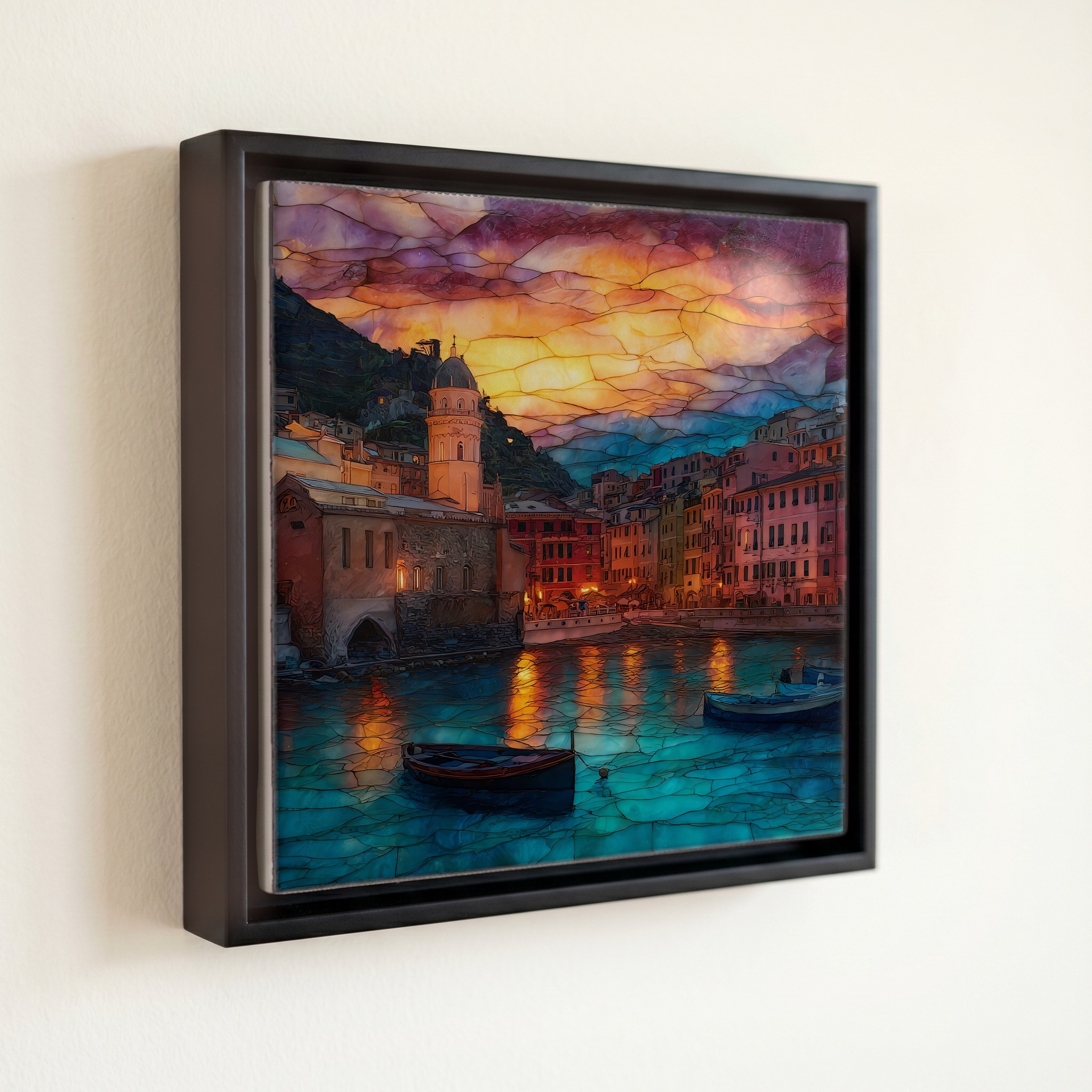 shown in a slim black floating frame · 6 × 6 in
