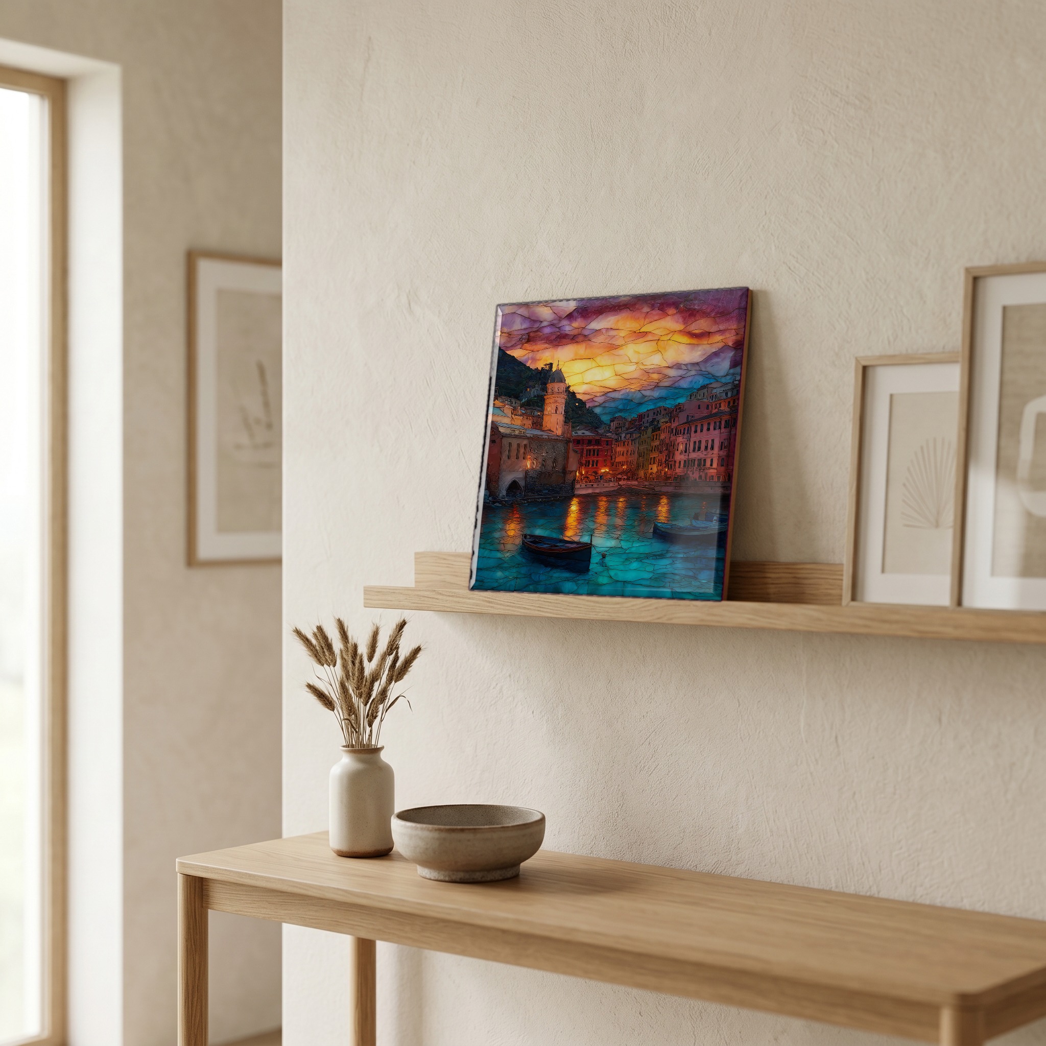 On a picture ledge, where the light comes in.