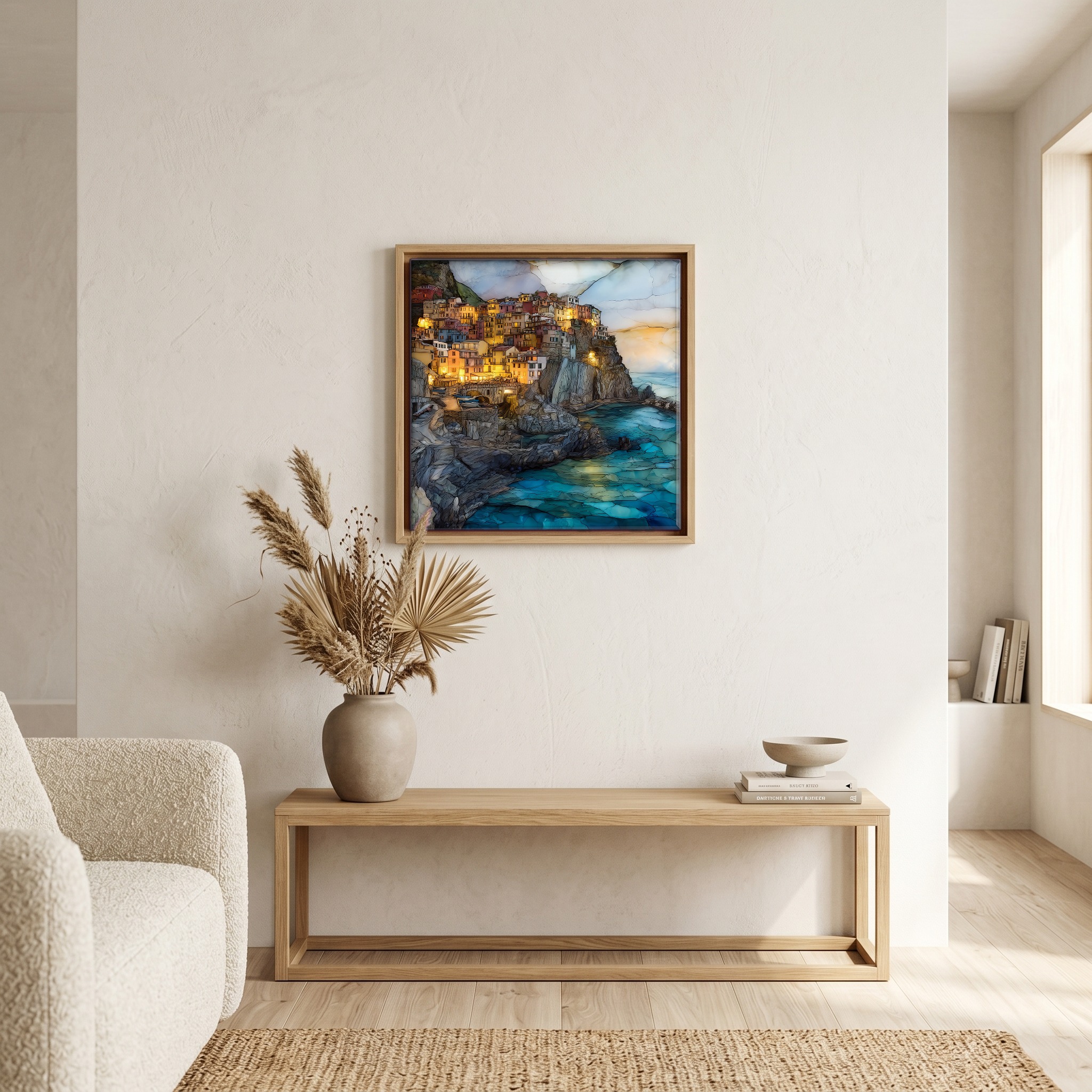 Above the bench, in a warm oak surround.