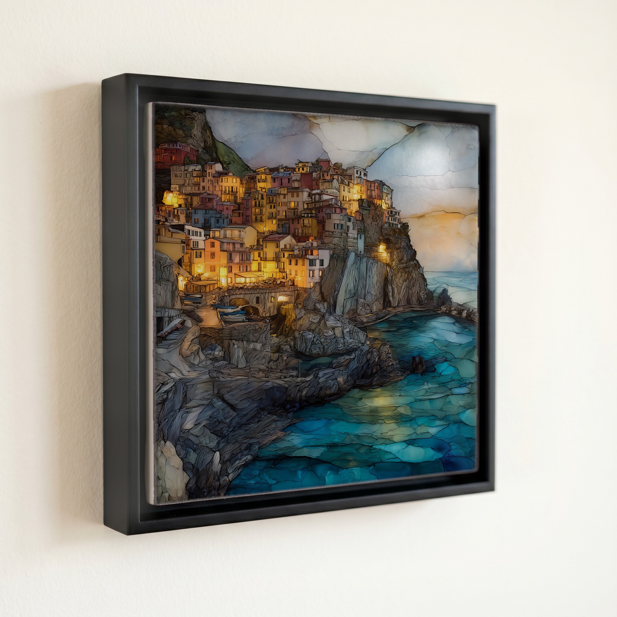 shown in a slim black floating frame · 6 × 6 in