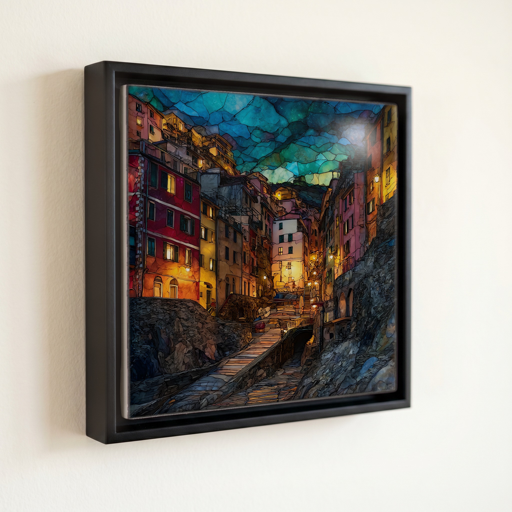 shown in a slim black floating frame · 6 × 6 in
