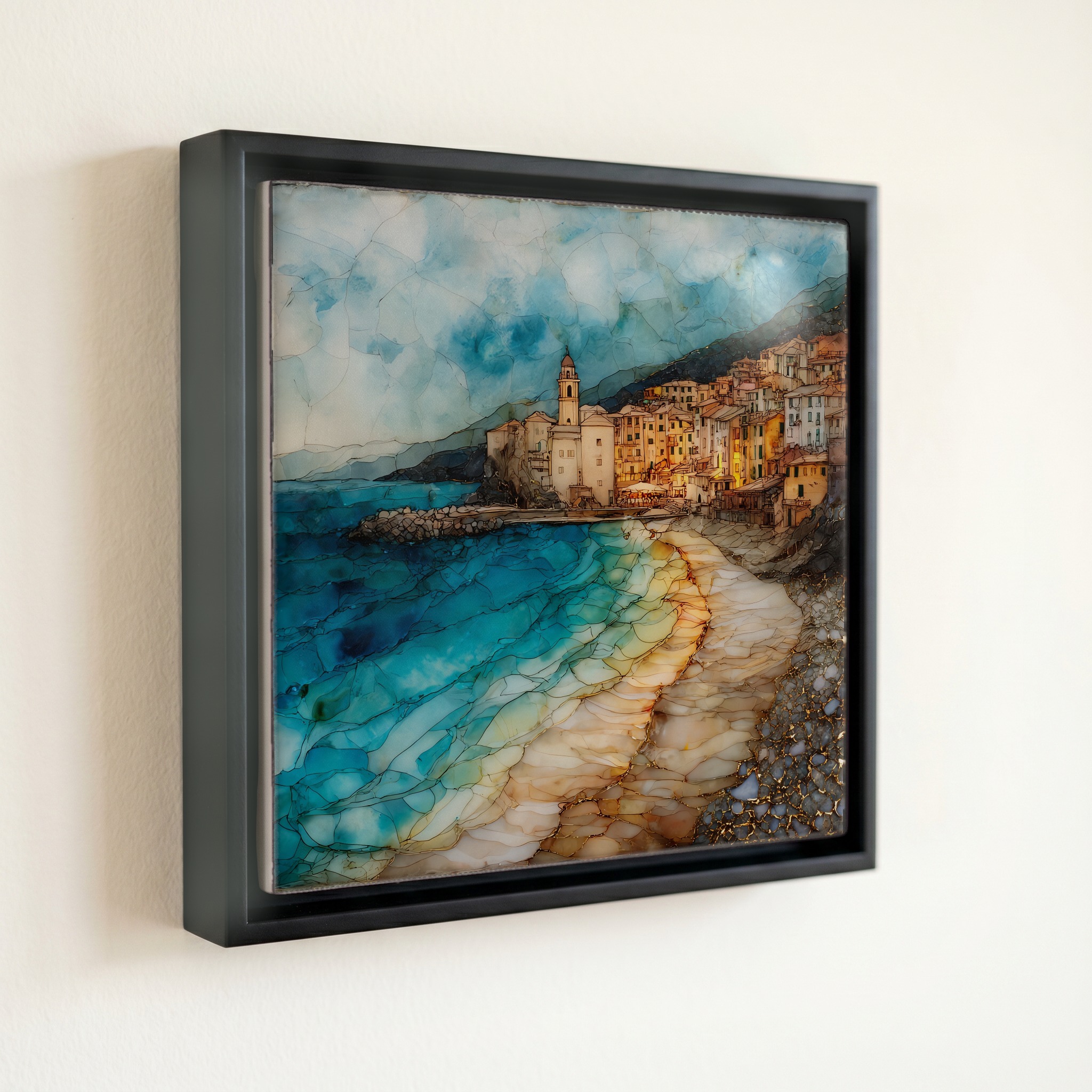 shown in a slim black floating frame · 6 × 6 in