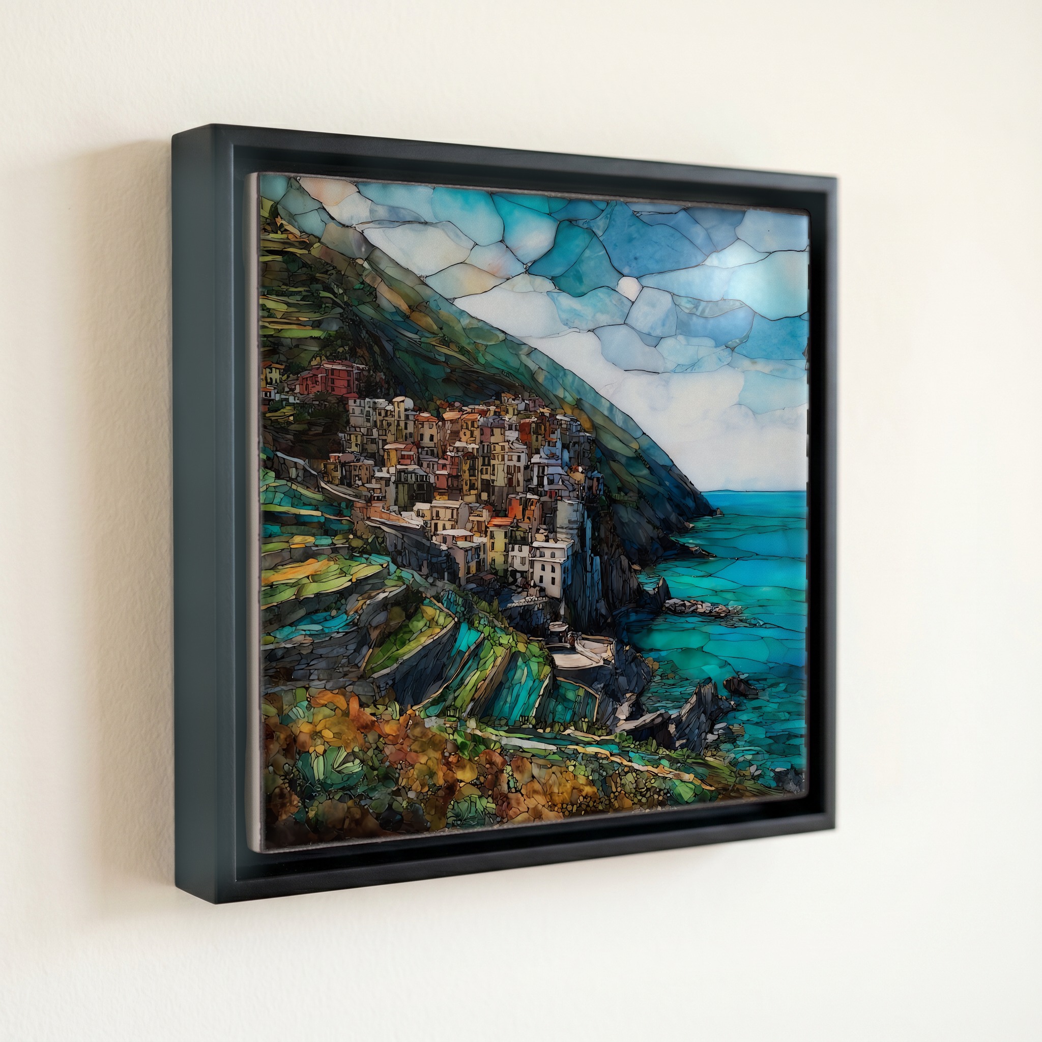 shown in a slim black floating frame · 6 × 6 in
