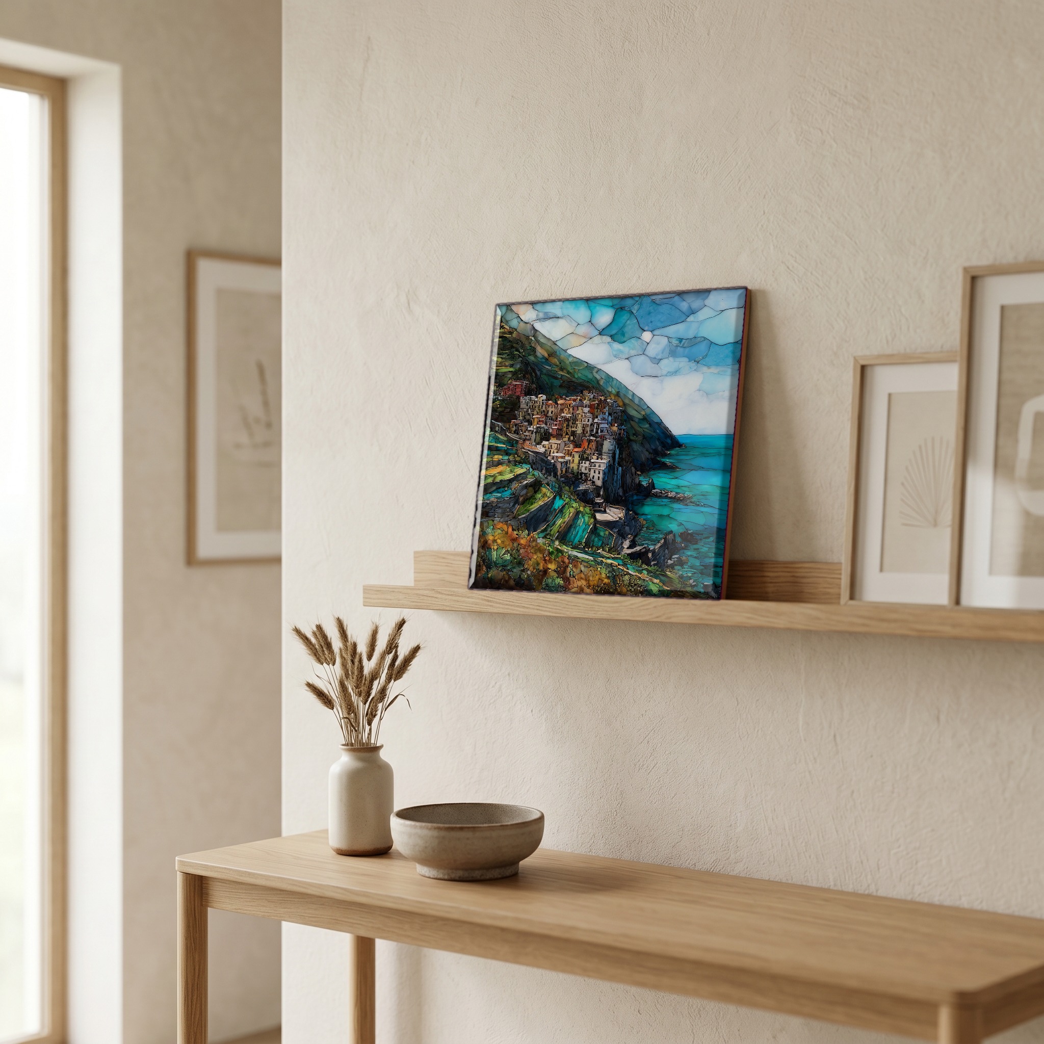 On a picture ledge, where the light comes in.