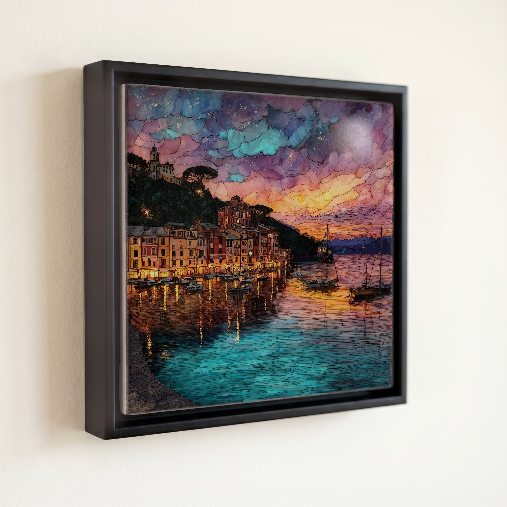 shown in a slim black floating frame · 6 × 6 in