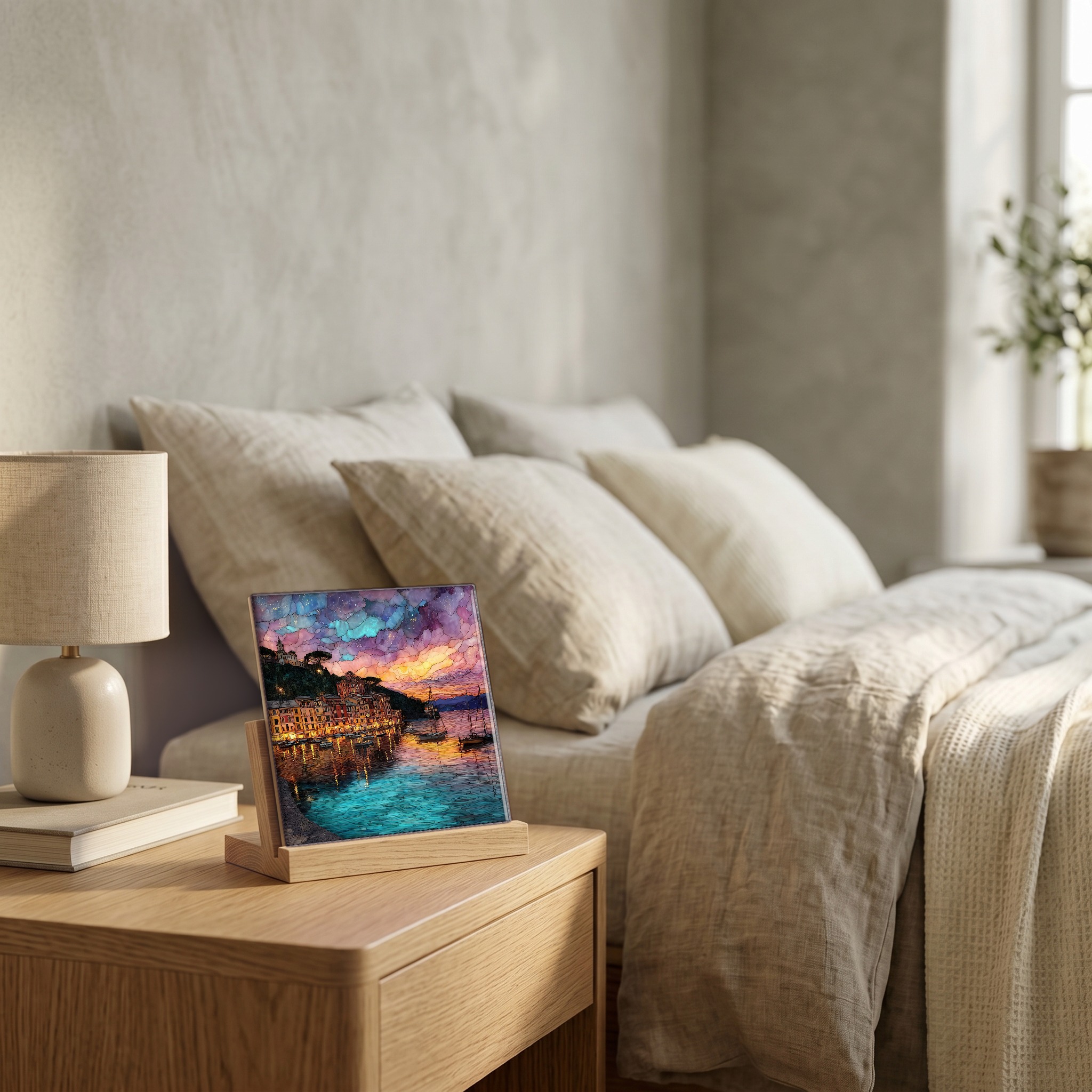On the nightstand, on a light oak stand.