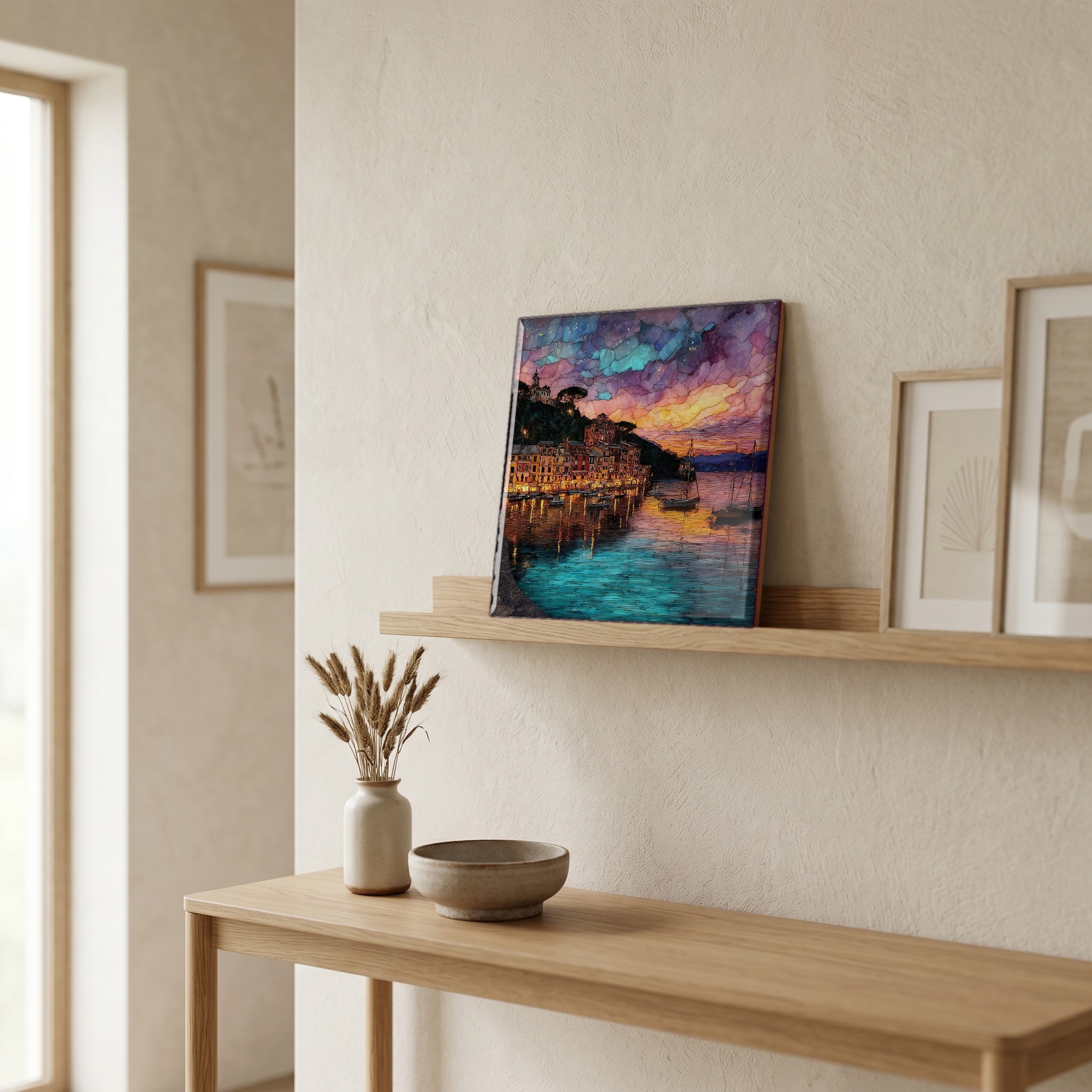 On a picture ledge, where the light comes in.
