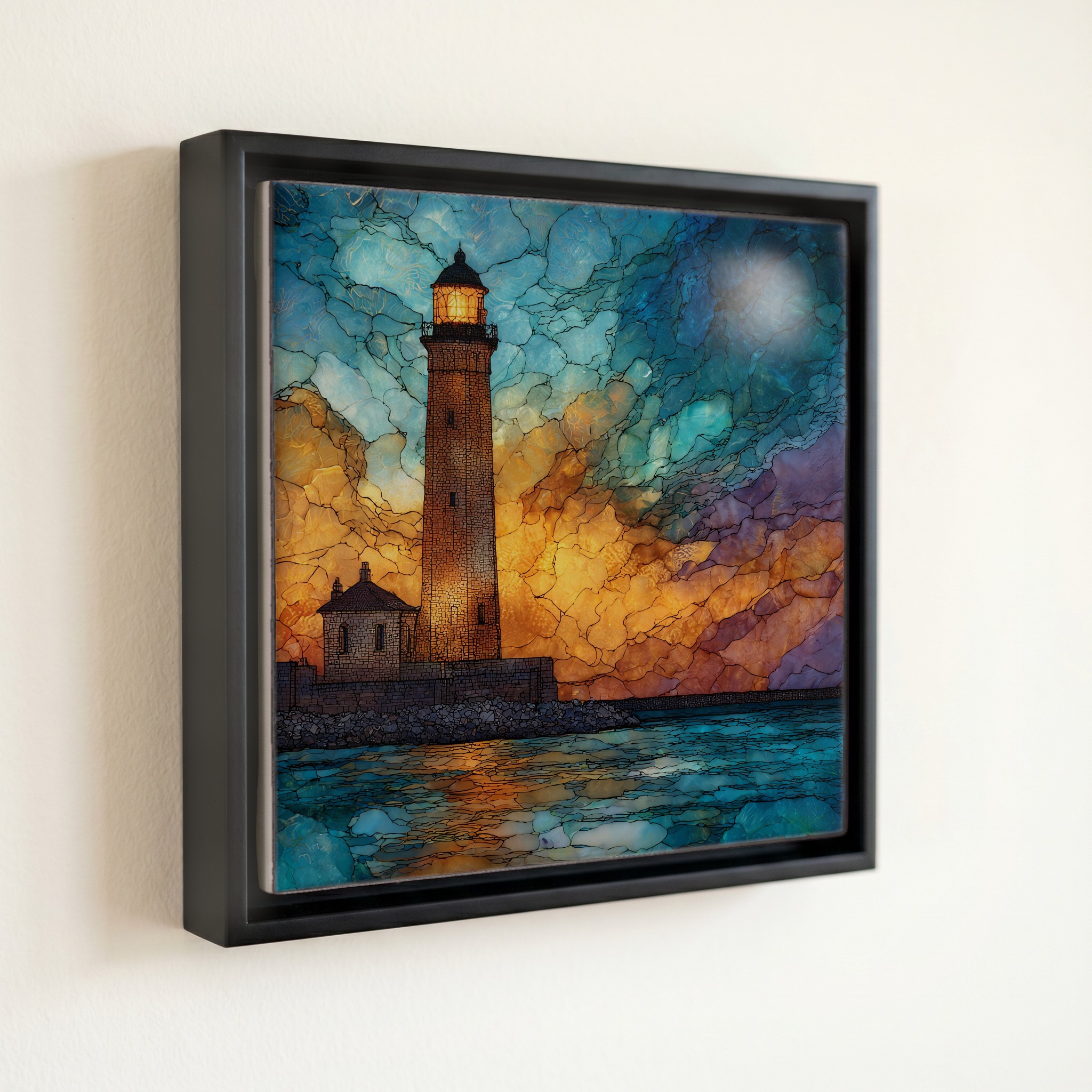 shown in a slim black floating frame · 6 × 6 in