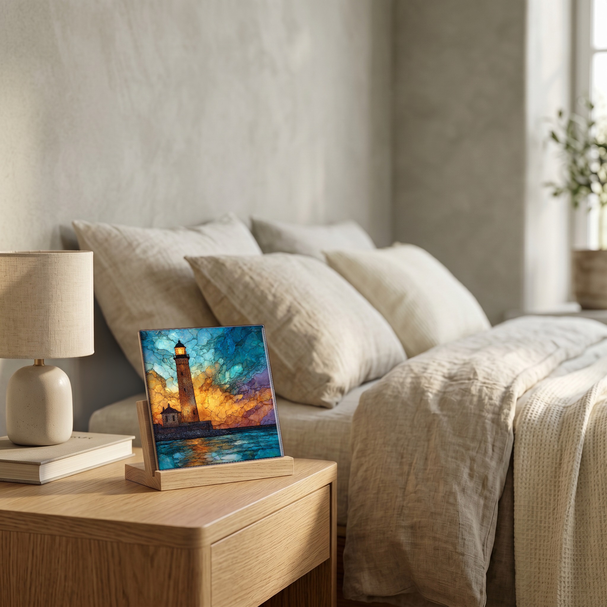 On the nightstand, on a light oak stand.