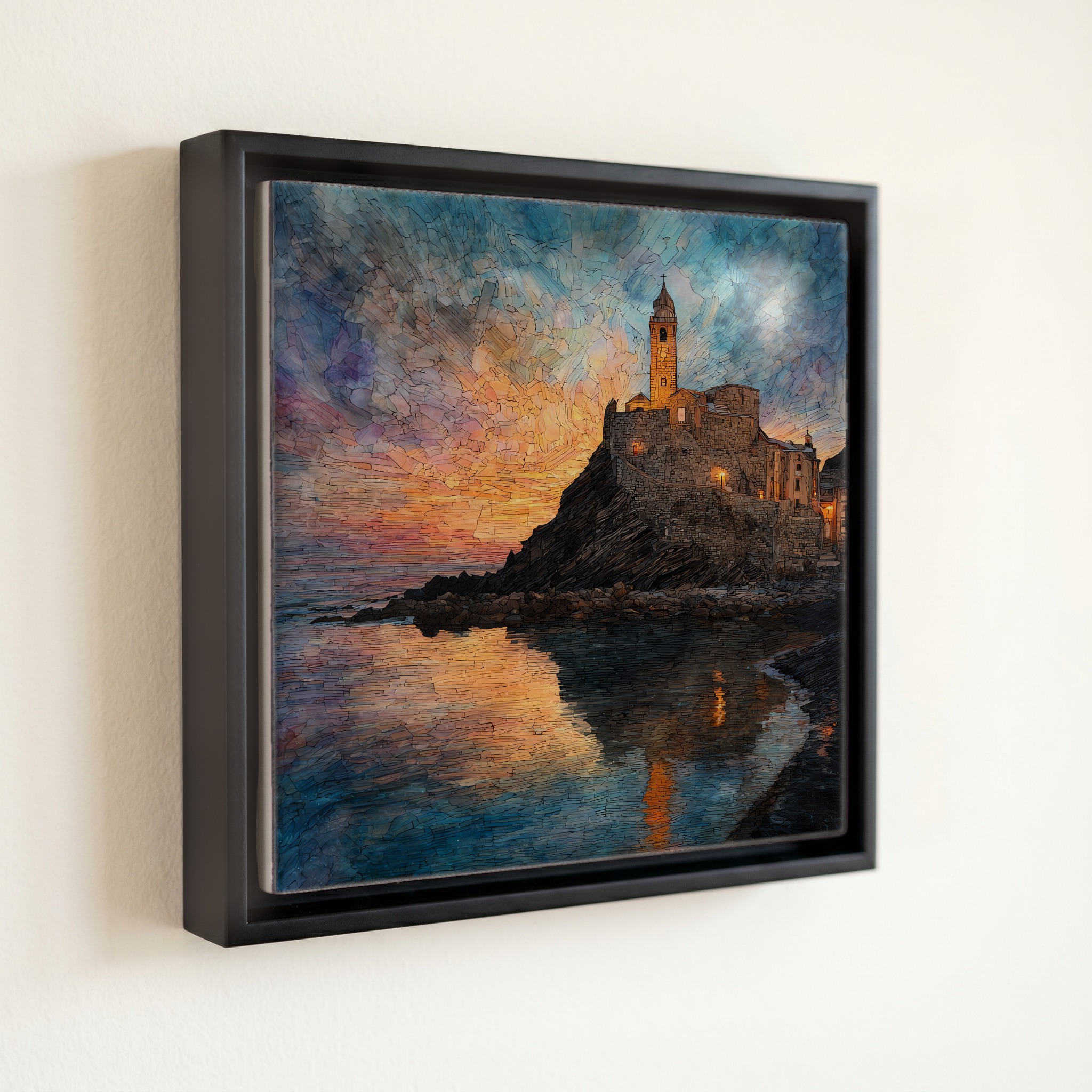 shown in a slim black floating frame · 6 × 6 in