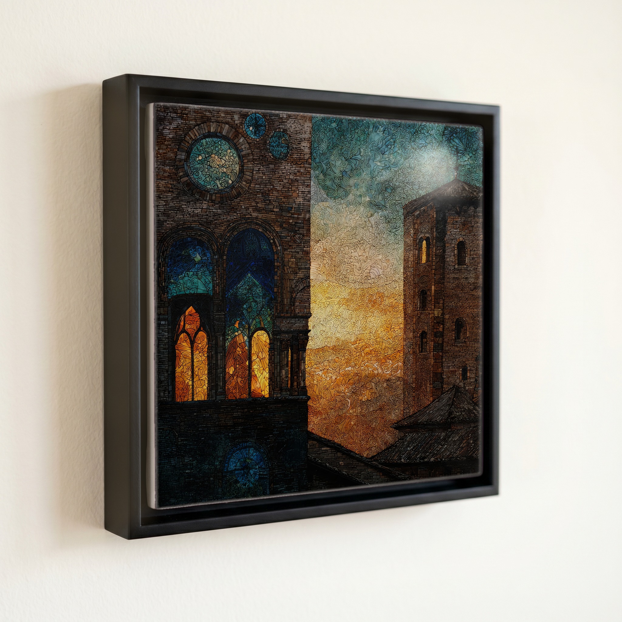 shown in a slim black floating frame · 6 × 6 in