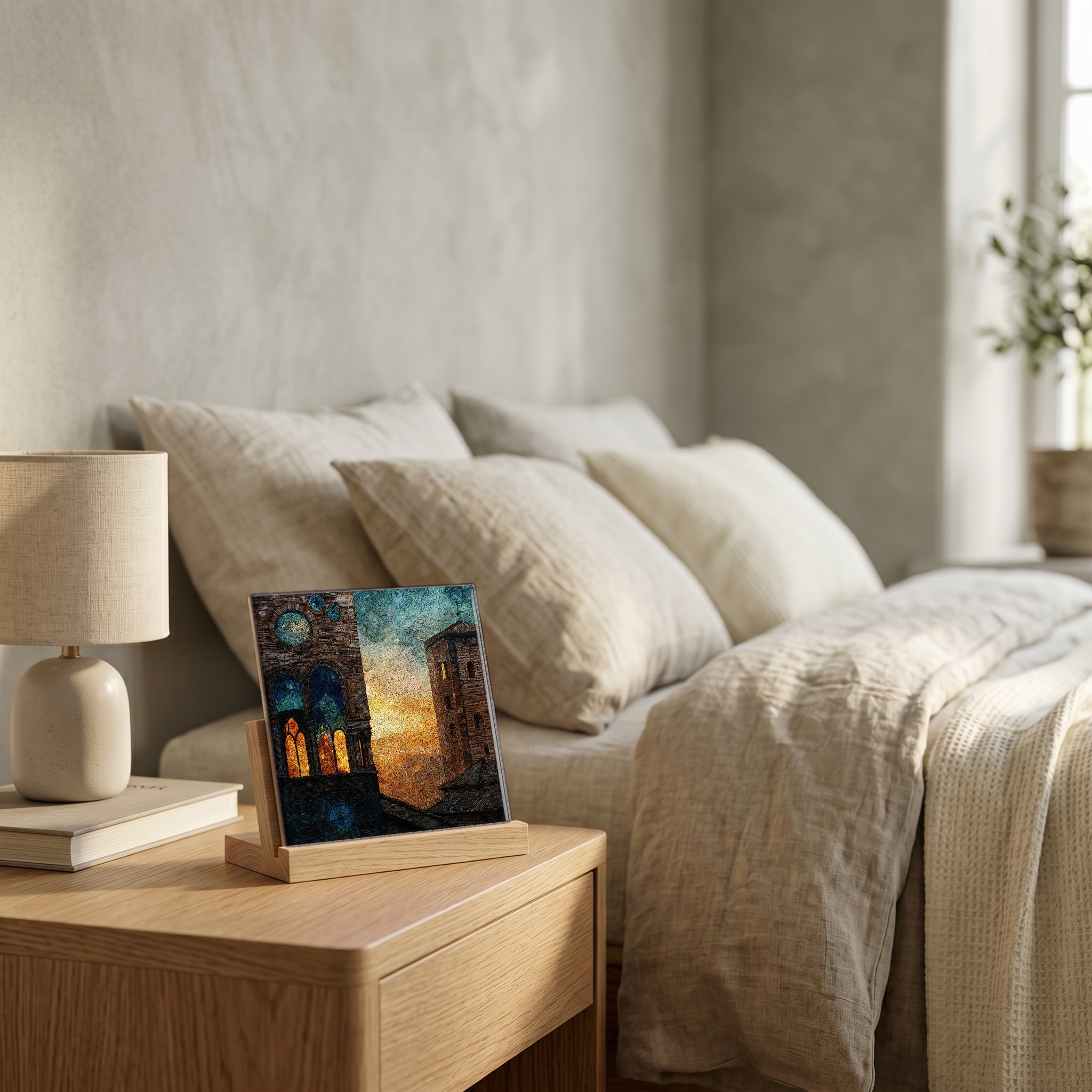 On the nightstand, on a light oak stand.