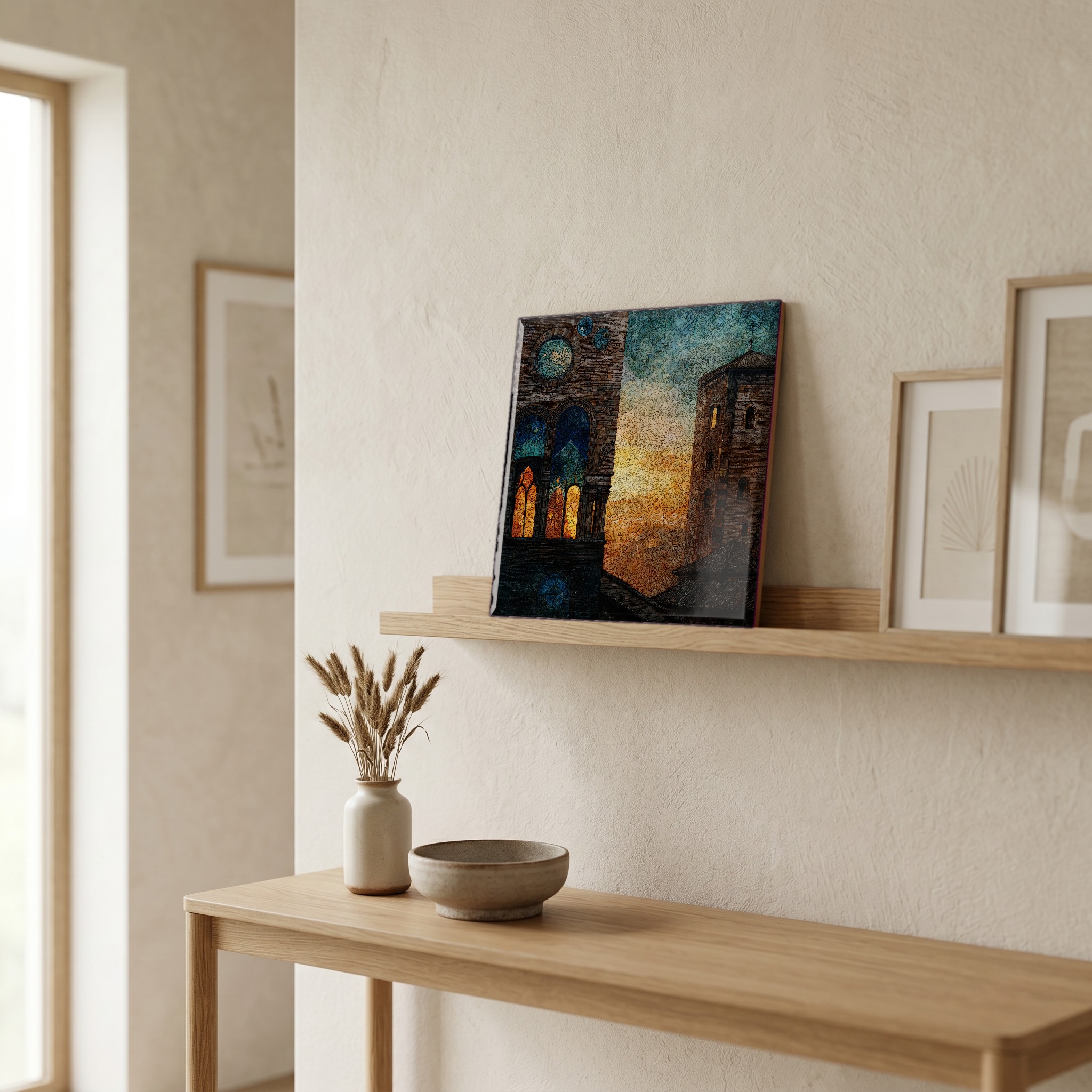 On a picture ledge, where the light comes in.