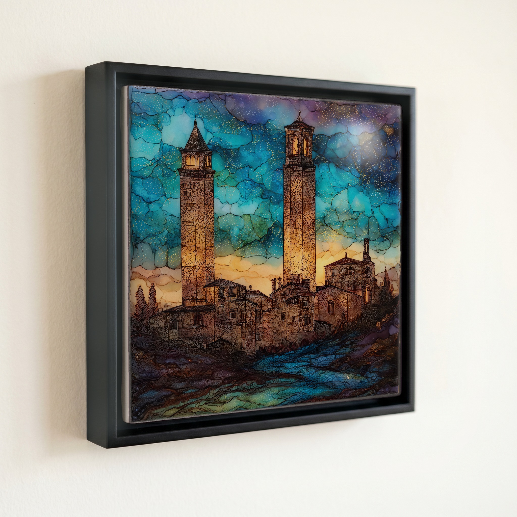 shown in a slim black floating frame · 6 × 6 in