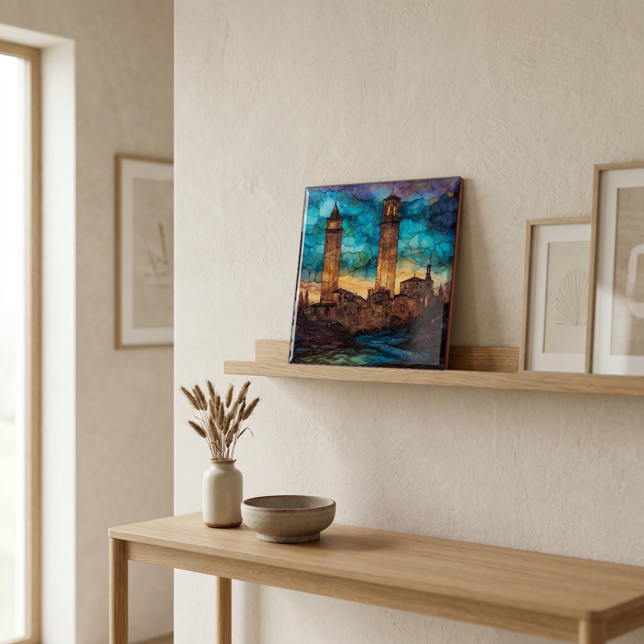 On a picture ledge, where the light comes in.