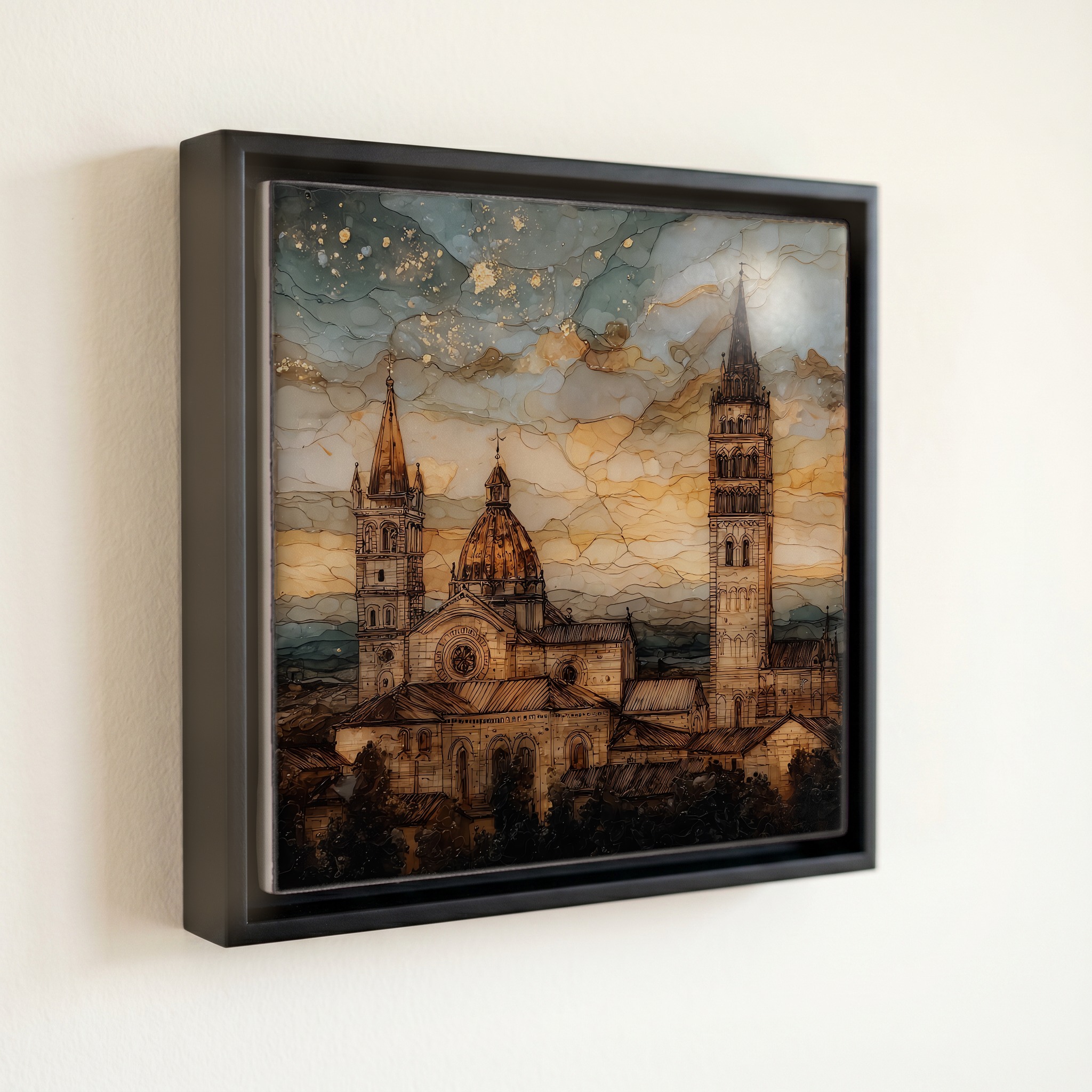 shown in a slim black floating frame · 6 × 6 in