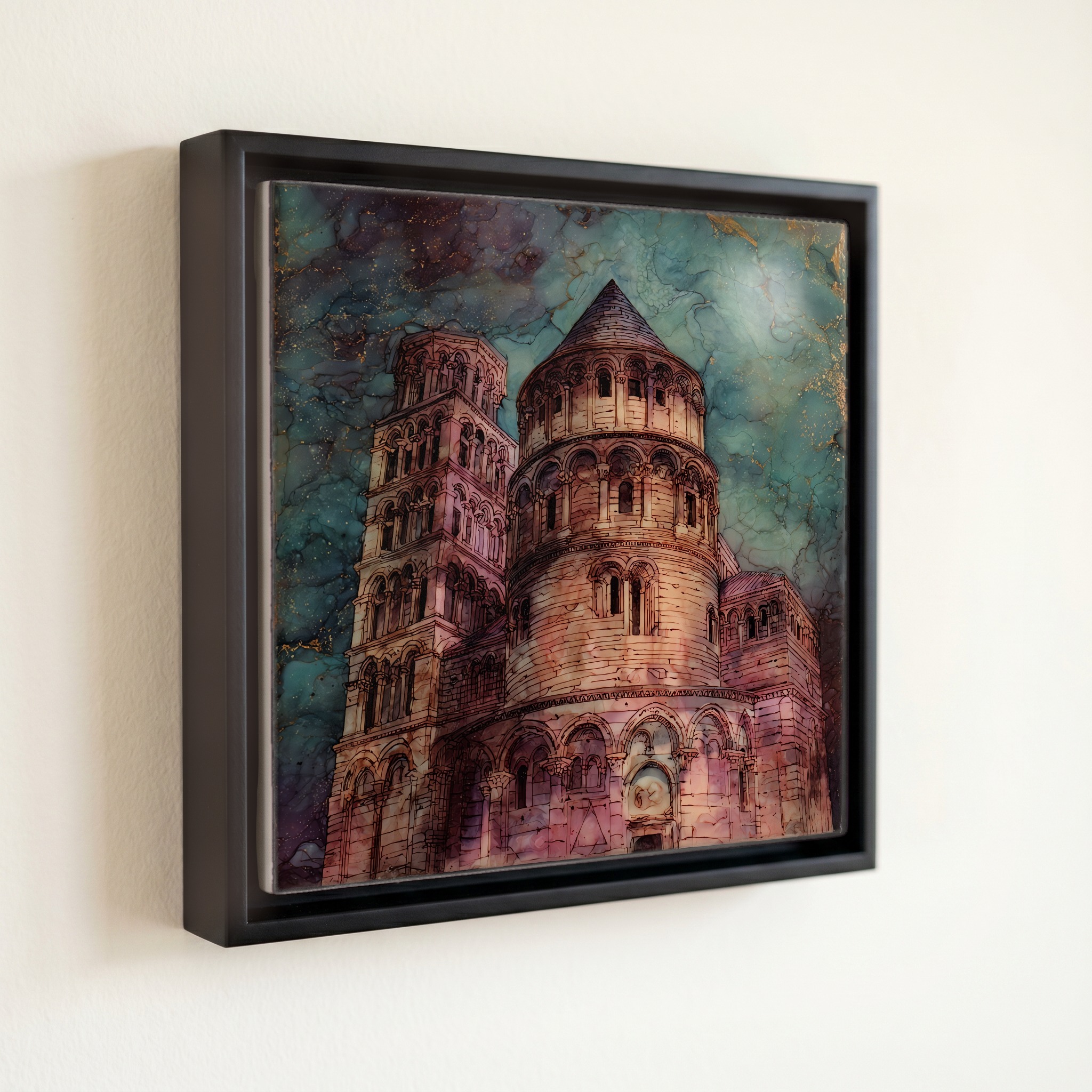 shown in a slim black floating frame · 6 × 6 in
